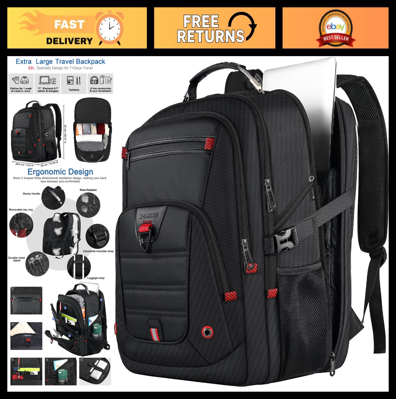 Extra Large 52L Travel Backpack for 17.3" Laptops, Water Resistant, Anti-Theft,