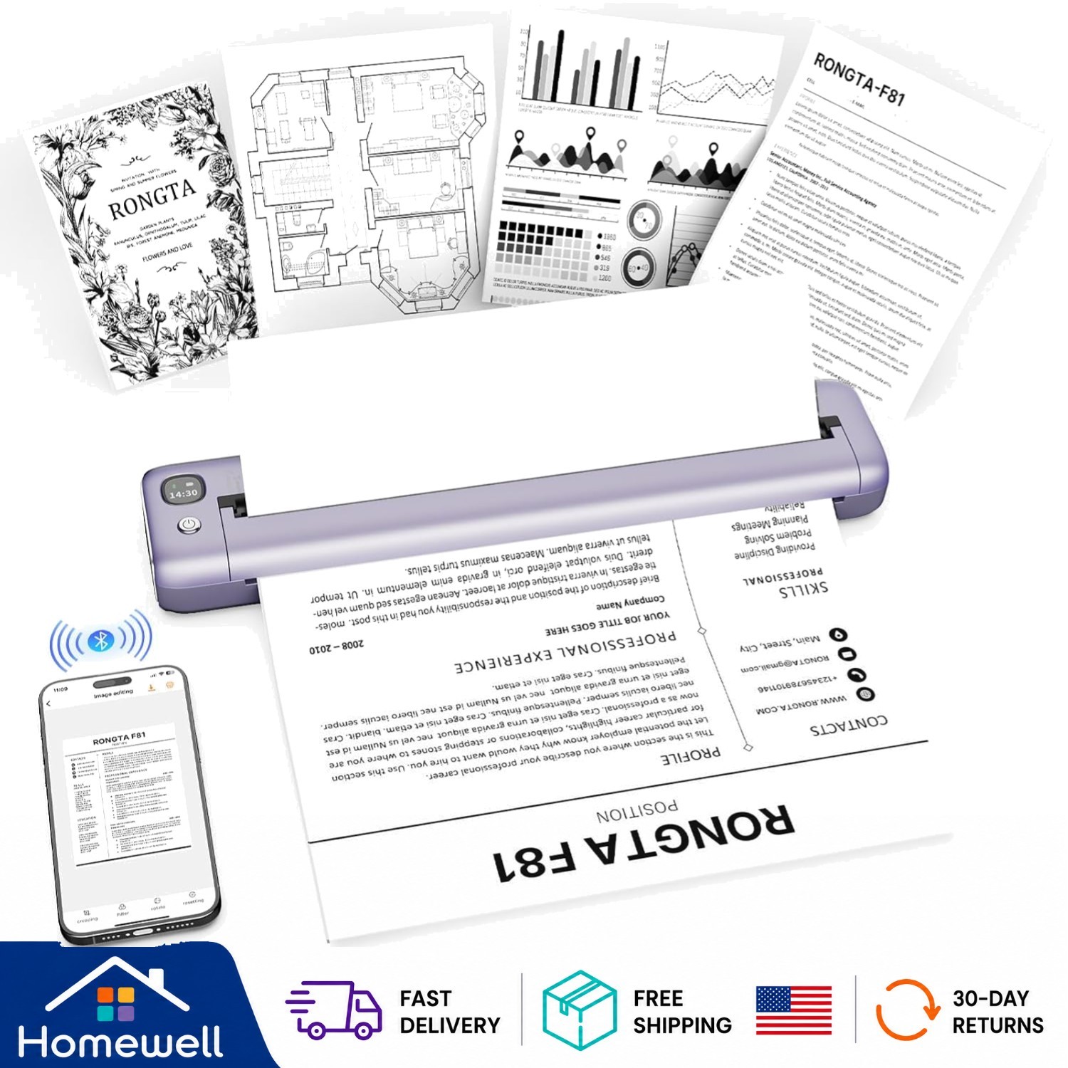 Portable Wireless Bluetooth Thermal Printer in Elegant Purple, Inkless & Compact