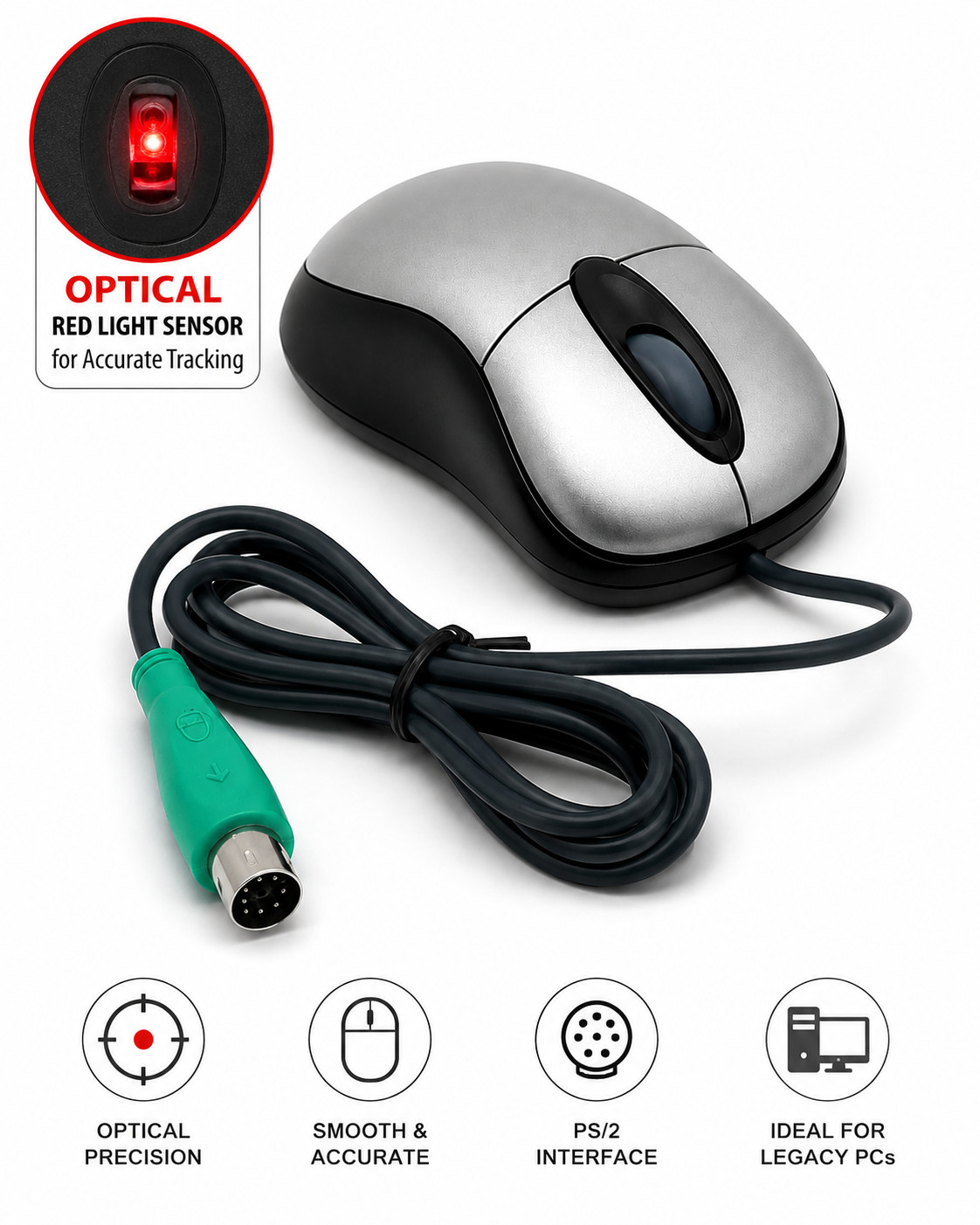 Vintage PS/2 Optical Mouse Wired 3D Scroll Wheel PC Mouse Brand New