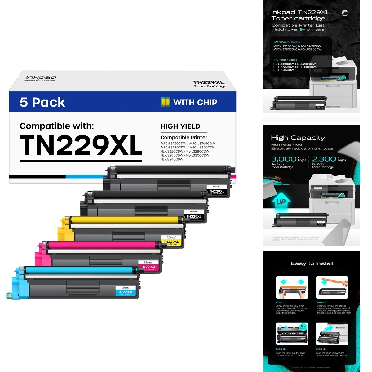iNKPAD TN229XL TN229 Compatible Toner Cartridge 5 Pack Replacement Brother