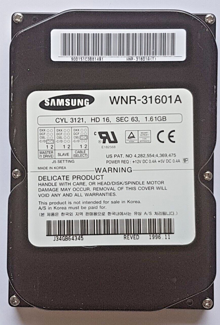 1.61GB IDE Samsung Winner WNR-31601A P-ATA 5400rpm 128KB HDD 3.5" Hard Drive