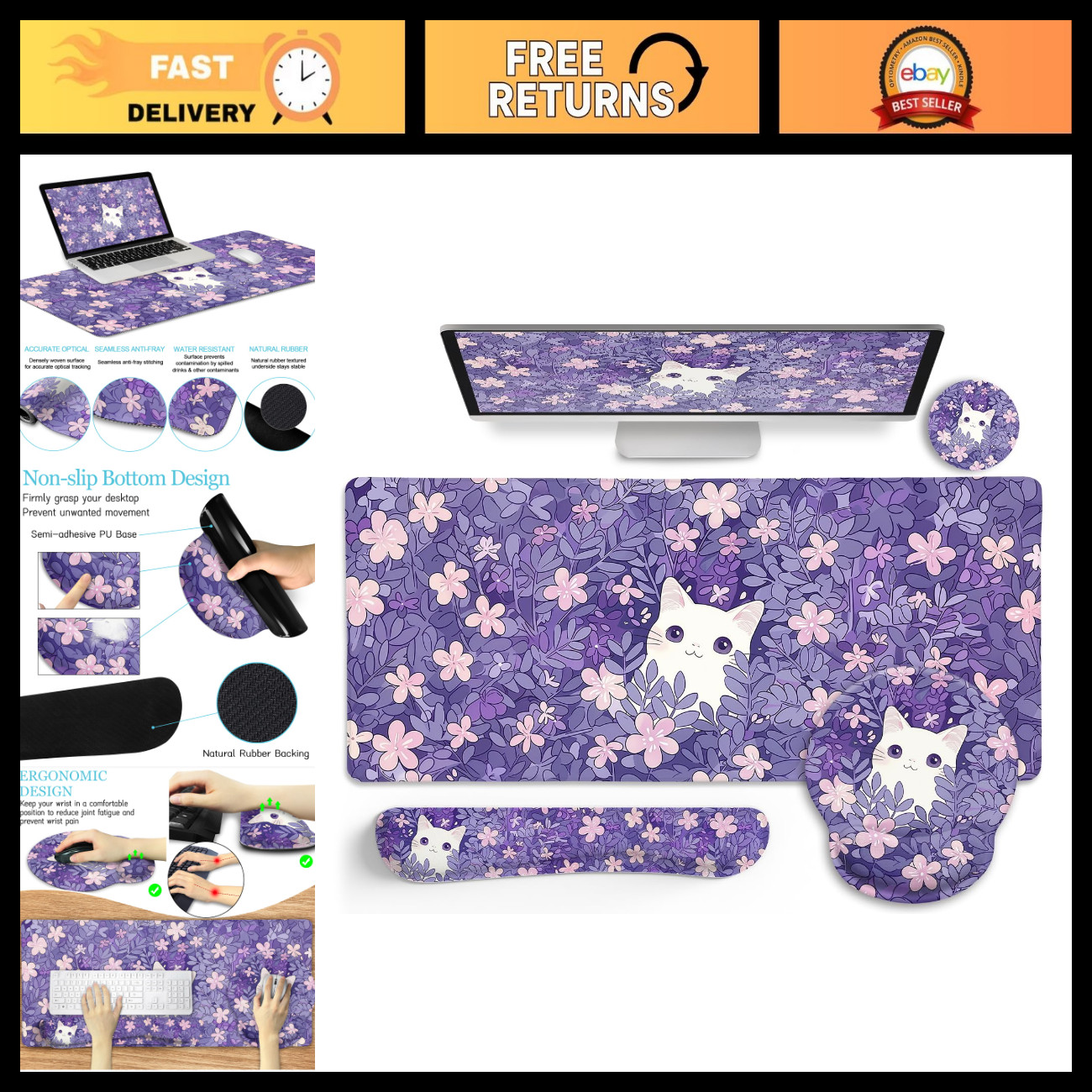Large Purple Mouse Pad Desk Mat Set - Kawaii Cat Gaming Mousepad for PC/Laptop