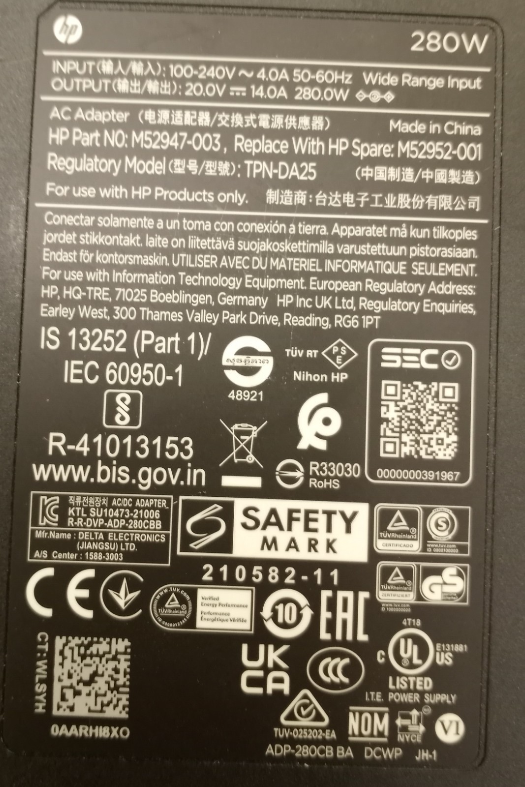 Original AC Adapter Charger for HP 280W 20V 14A TPN-DA25 M52947-003 M52952-001