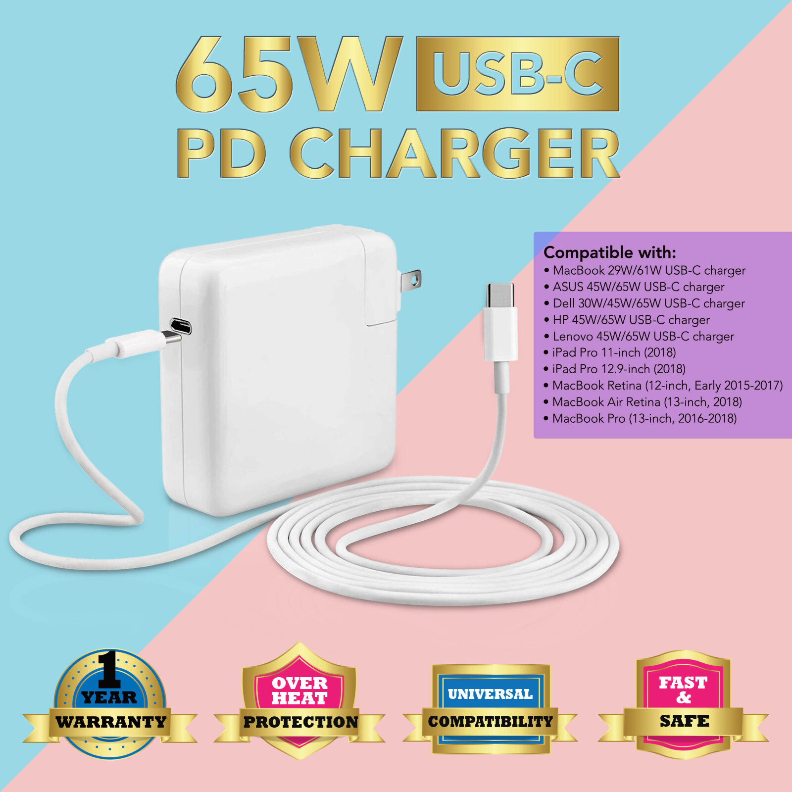 For 2016 2017 2018 2019 MacBook Pro 13" 61W USB C Ac Power Adapter