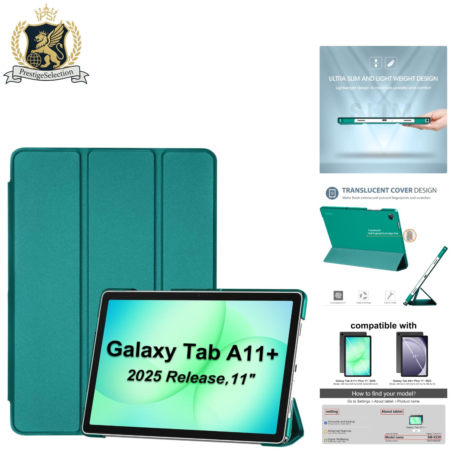 Elegant Slim Stand Smart Case for Galaxy Tab A11+/A9+ Plus 11 Inch - Emerald