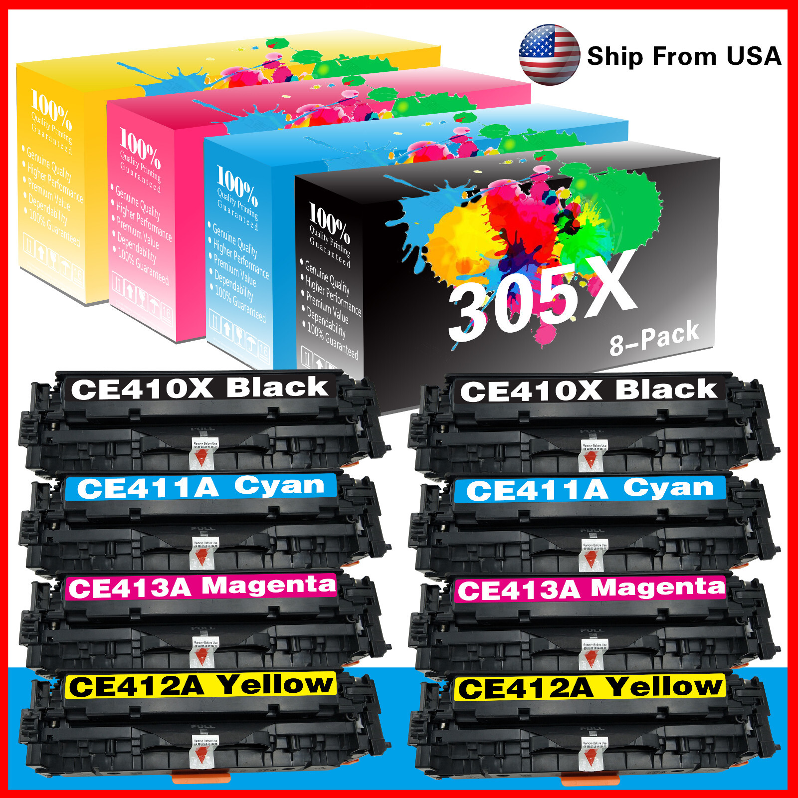 8PK 305X 305A Toner Cartridge CE410X for Enterprise 400 color M451nw M451dn
