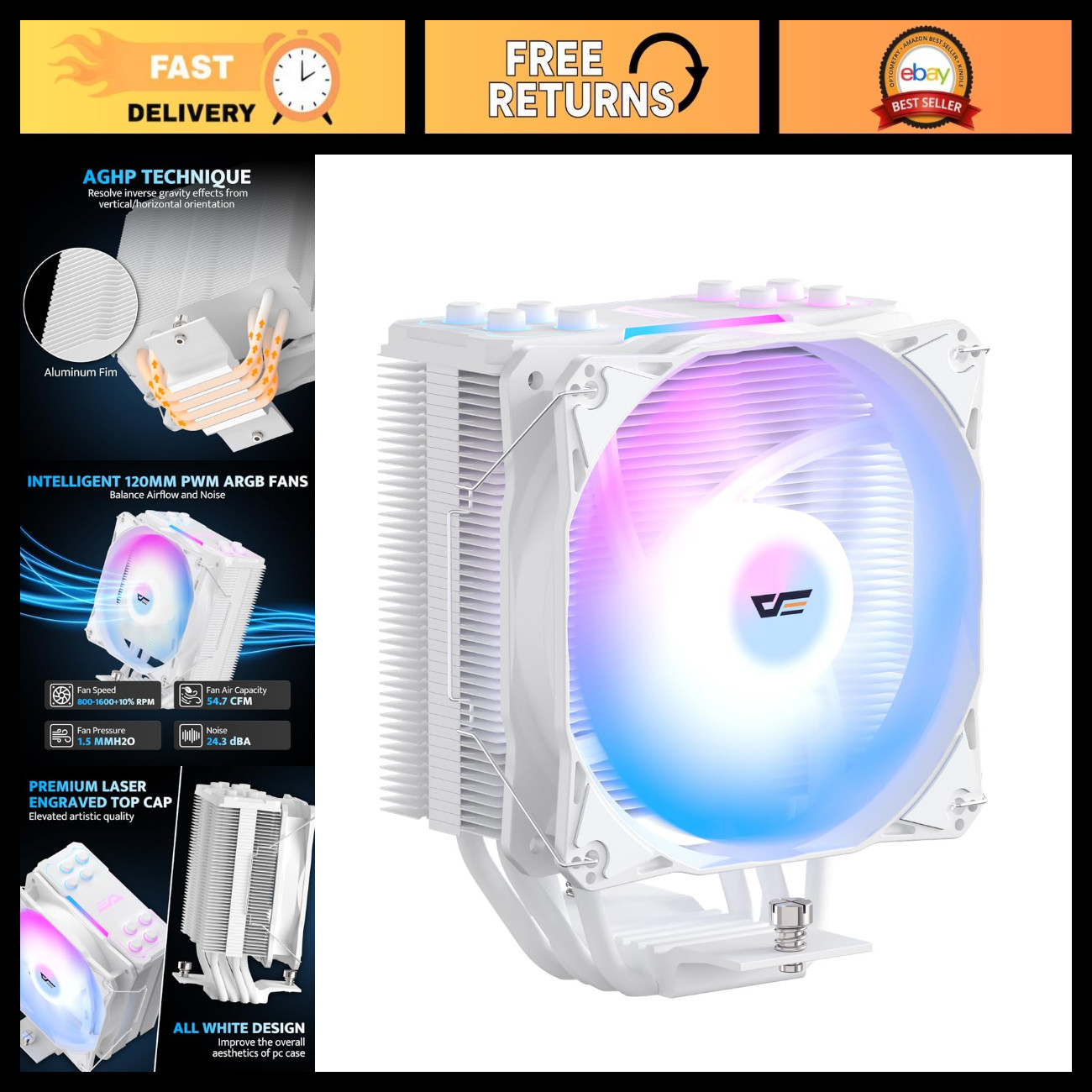 High-Performance 120mm CPU Cooler, ARGB PWM Fans, TDP 200W, Intel & AMD Compatib