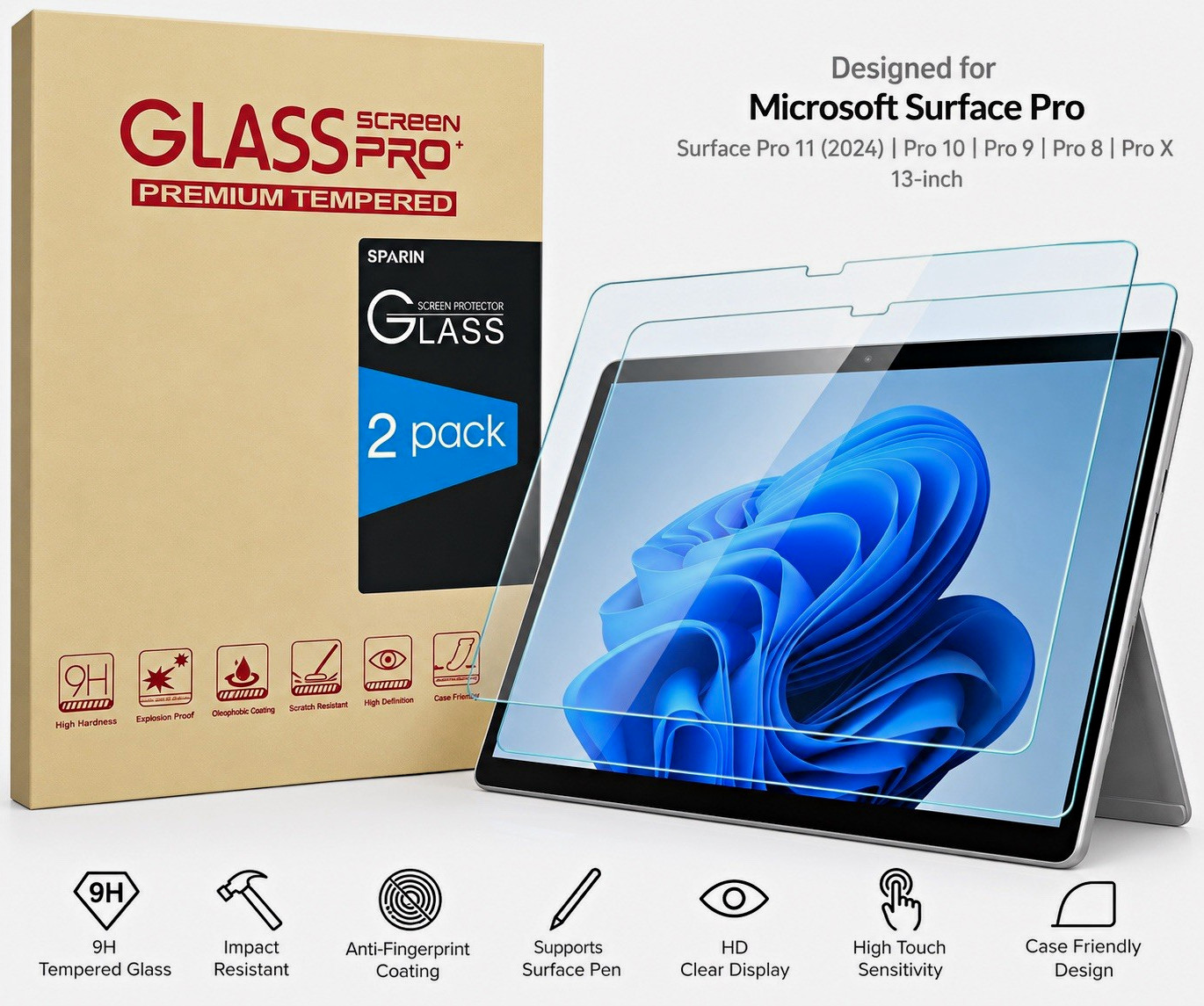SPARIN Tempered Glass Screen Protector 2-Pack for Surface Pro 11/10/9/8/X 13"