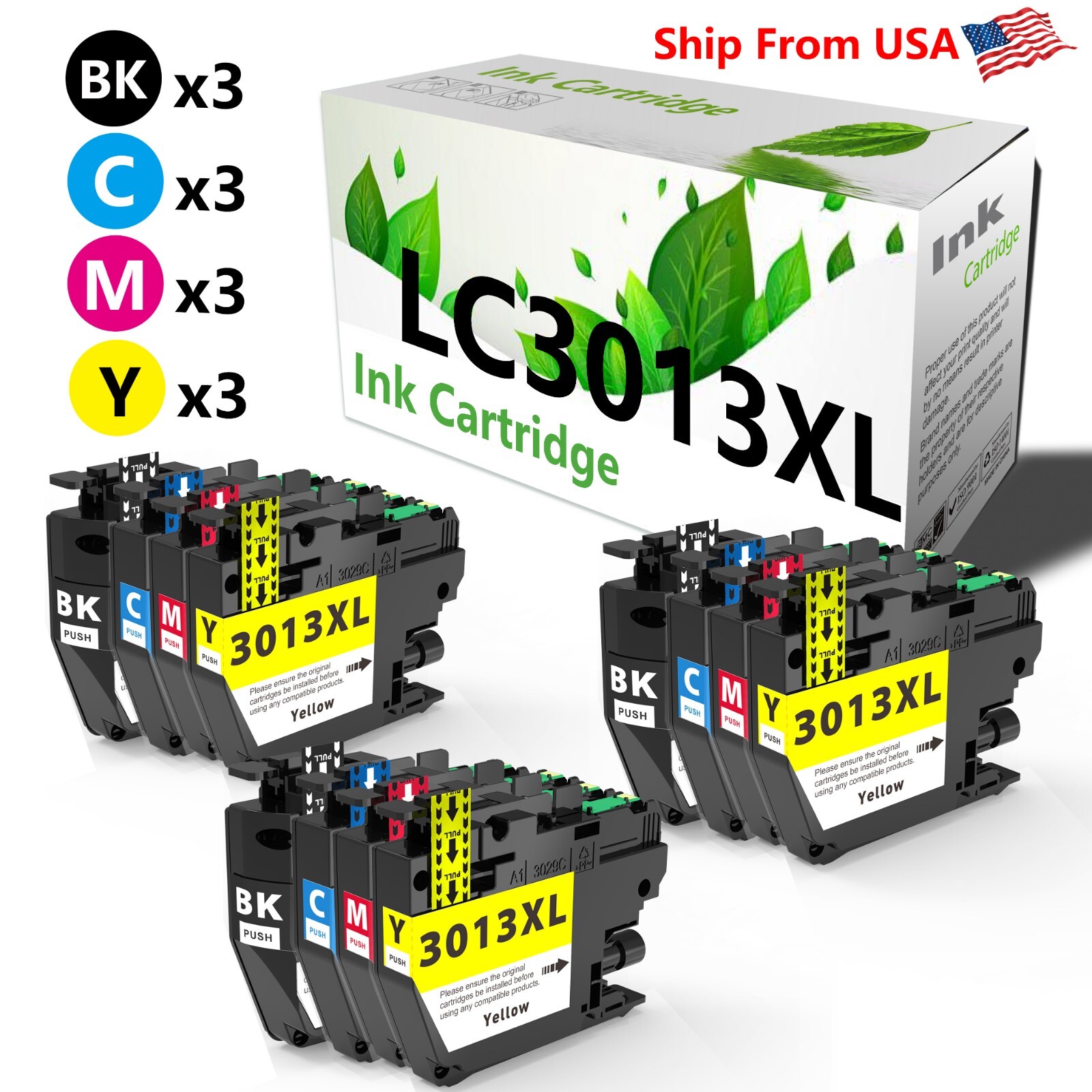 12PK replace for Brother LC3013 Ink Cartridge for MFC-J491DW MFC-J497DW,3B3B3M3Y