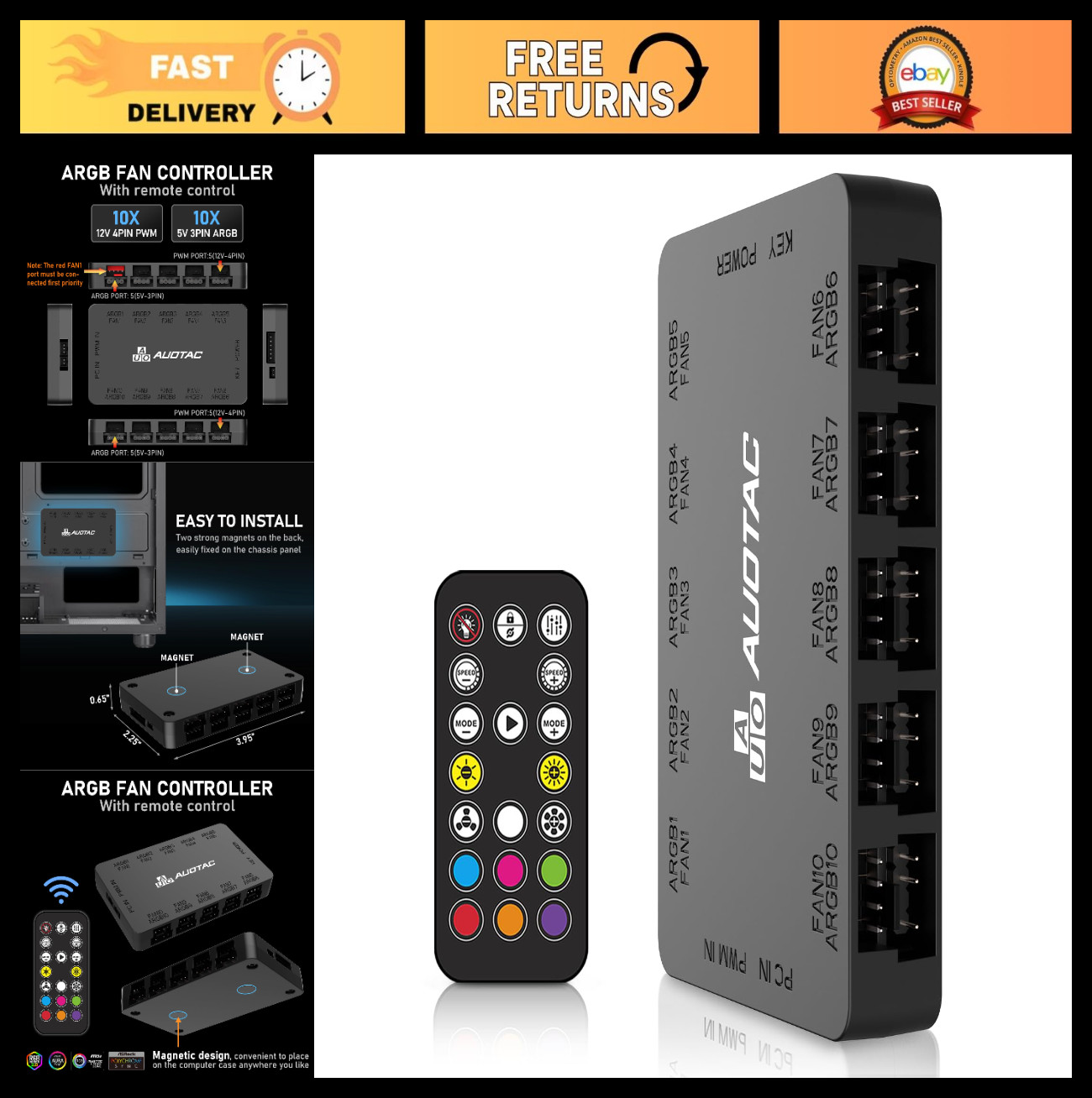 ARGB PWM Fan Hub with Remote Control for PC Build, Connect 10 Fans, Dual SATA Po