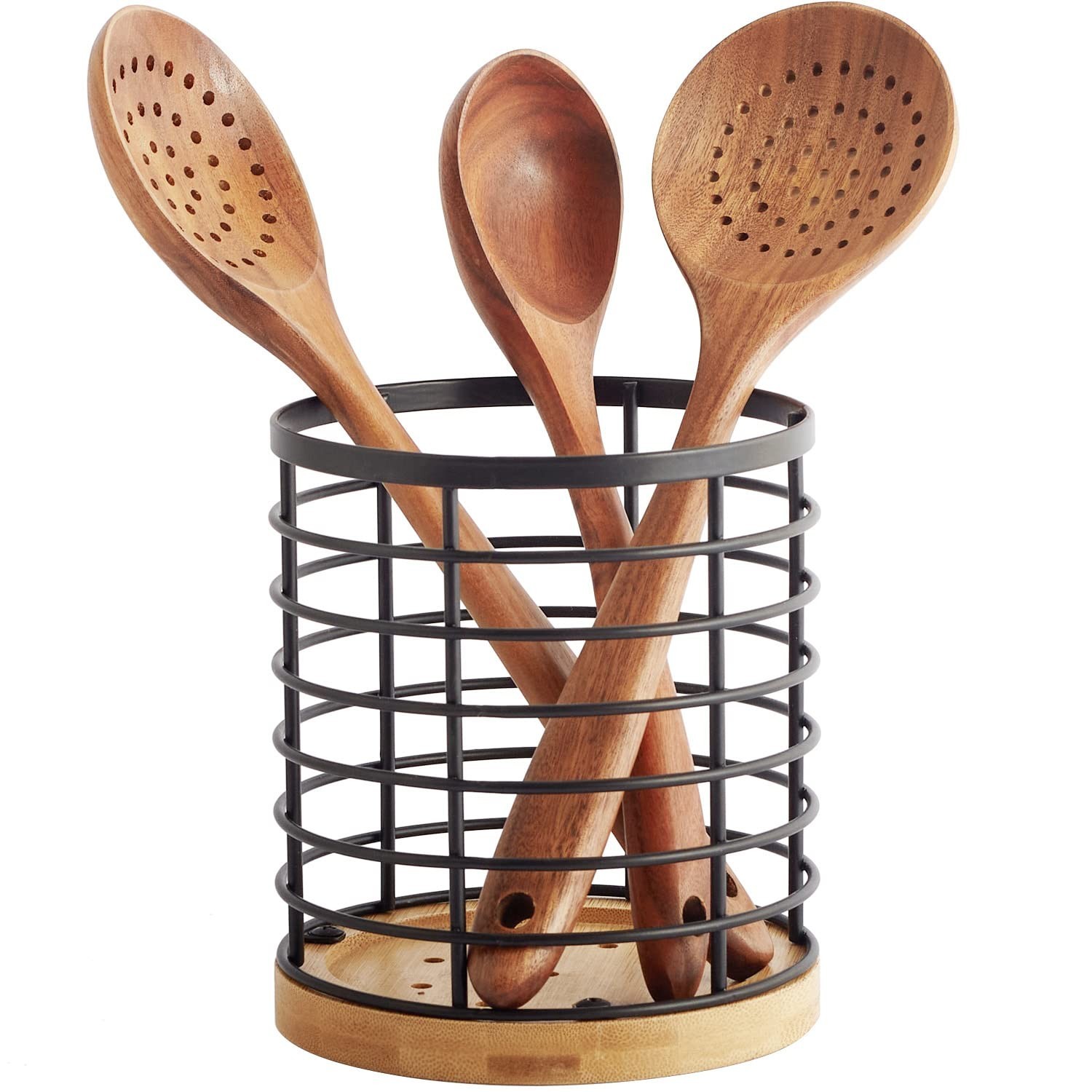 Utensil holder for Kitchen Counter - 5.2" x 5.2" x 6" Large Round with Wooden...