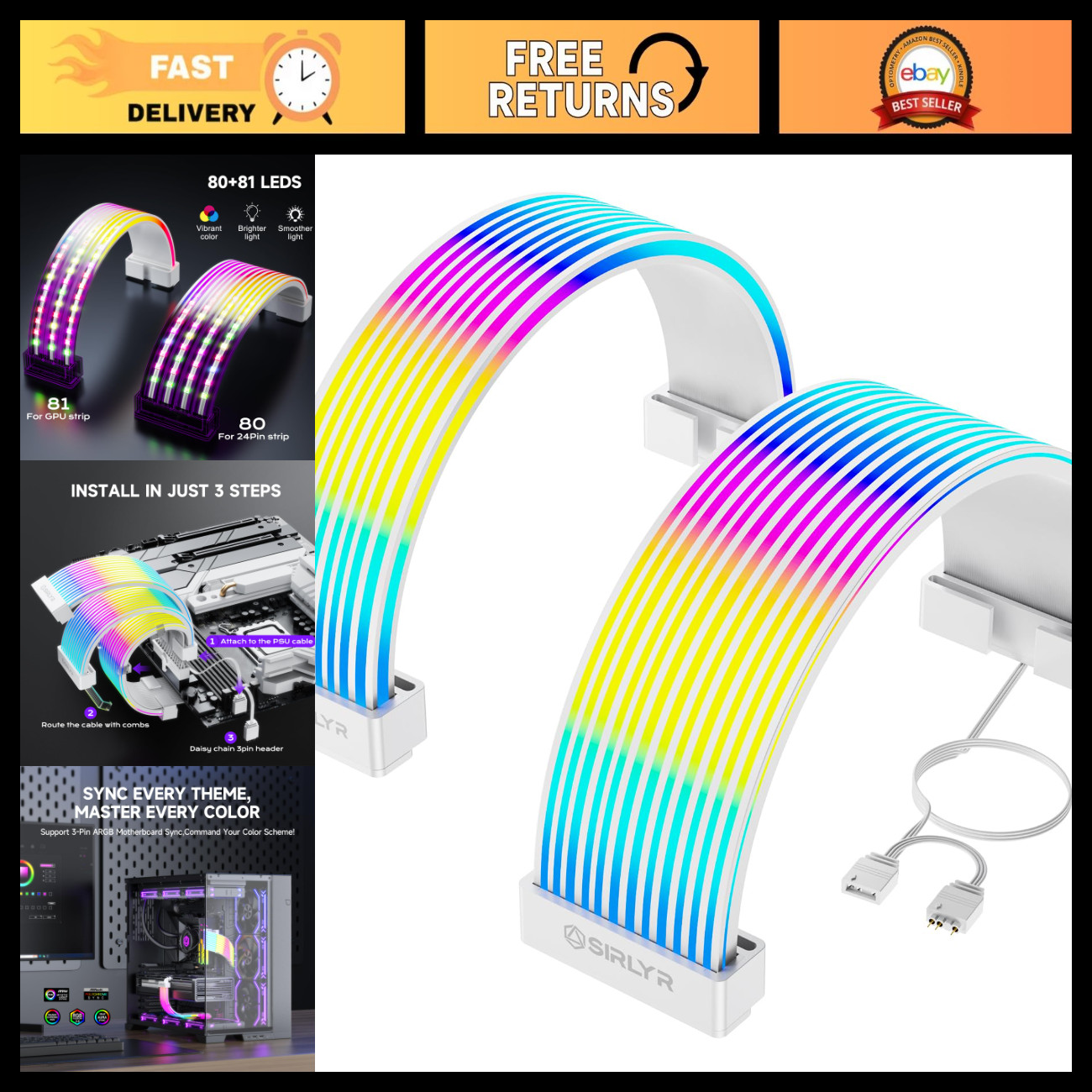 ARGB PSU Cable Sleeves - 8Pin/12VHPWR & ATX 24Pin, 5V 3Pin, Customizable White