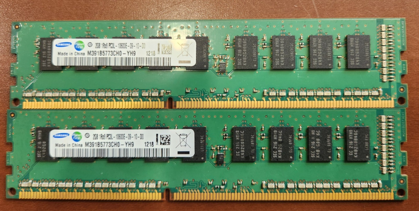 LOT OF 2 Samsung 2GB 1Rx8 PC3L-10600E (Low Voltage)Memory RAM M391B5773CH0-YH9