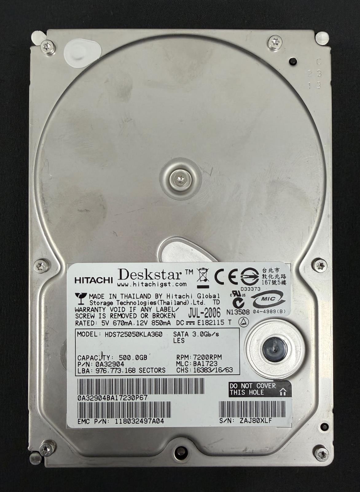 Lot of 12 Hitachi Deskstar 500GB 3.5" SATA HDD 0A32904 HSD725050GLA360 Under 79%