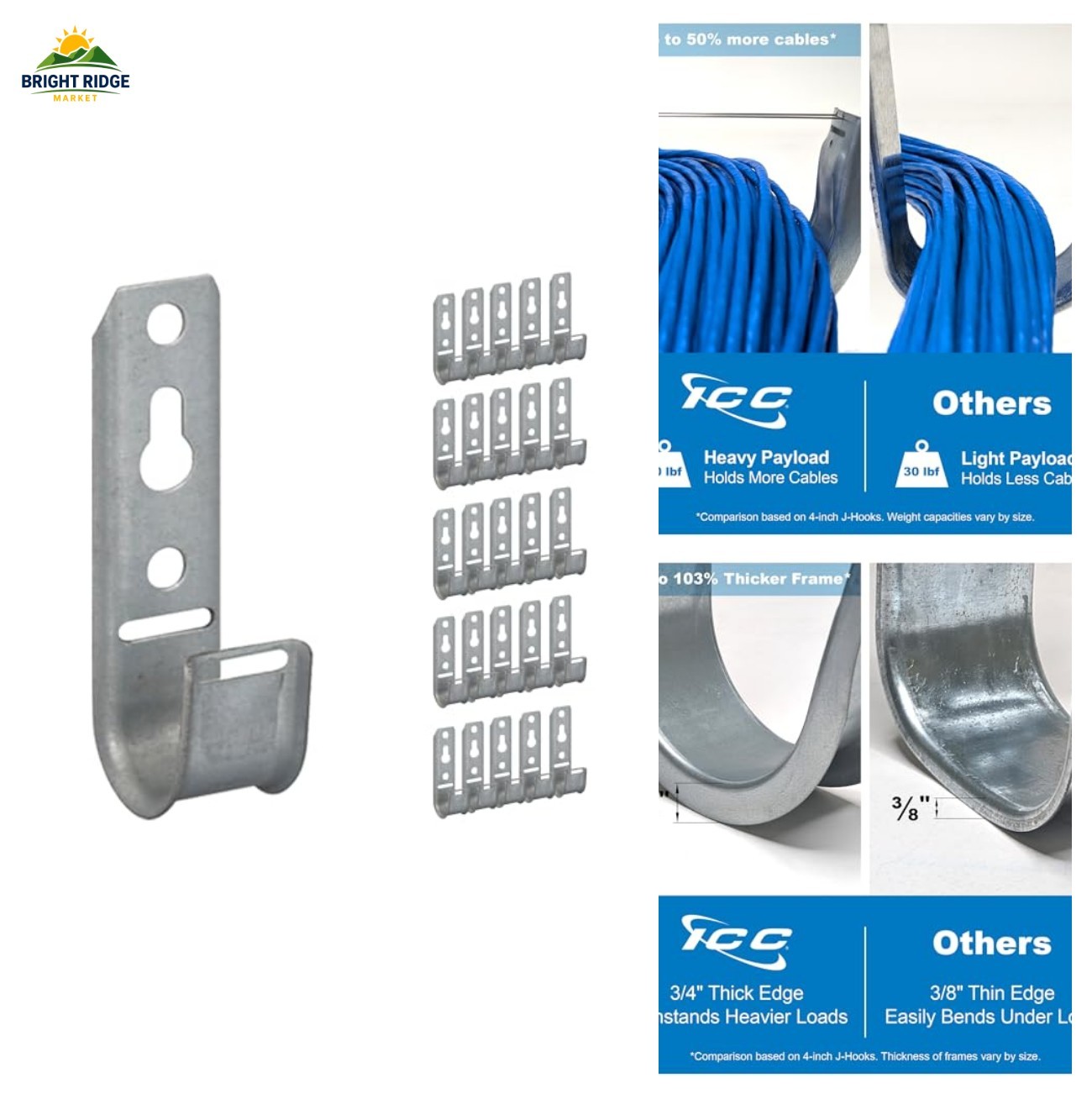 J-Hook Cable Support 3/4 Inch Wall Mount 25-Pack Multi-Cable Management