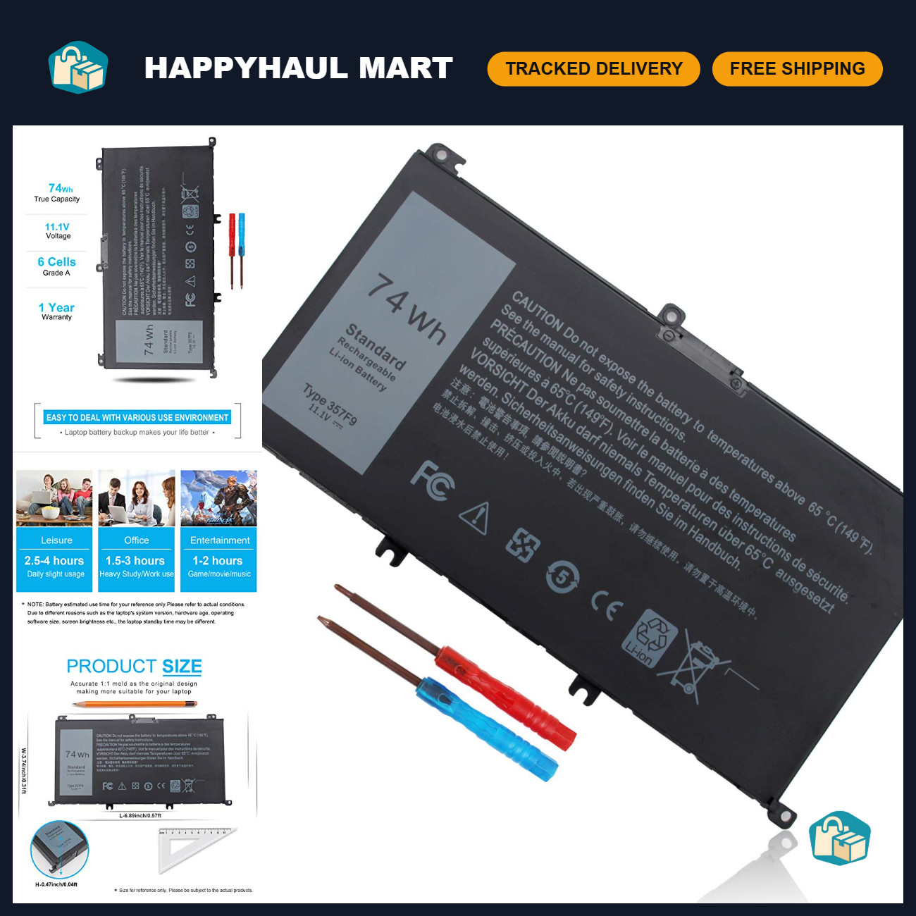 74Wh 6 Cell Li-ion Laptop Battery for Dell Inspiron 15 7000 Series 11.1V 11.4V