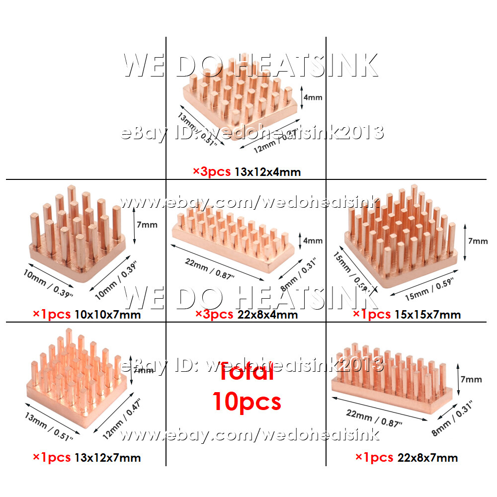 DIY 10pcs Copper Heatsink Kit 100% Copper Radiator Cooler 10x10mm 15x15mm 20x20m