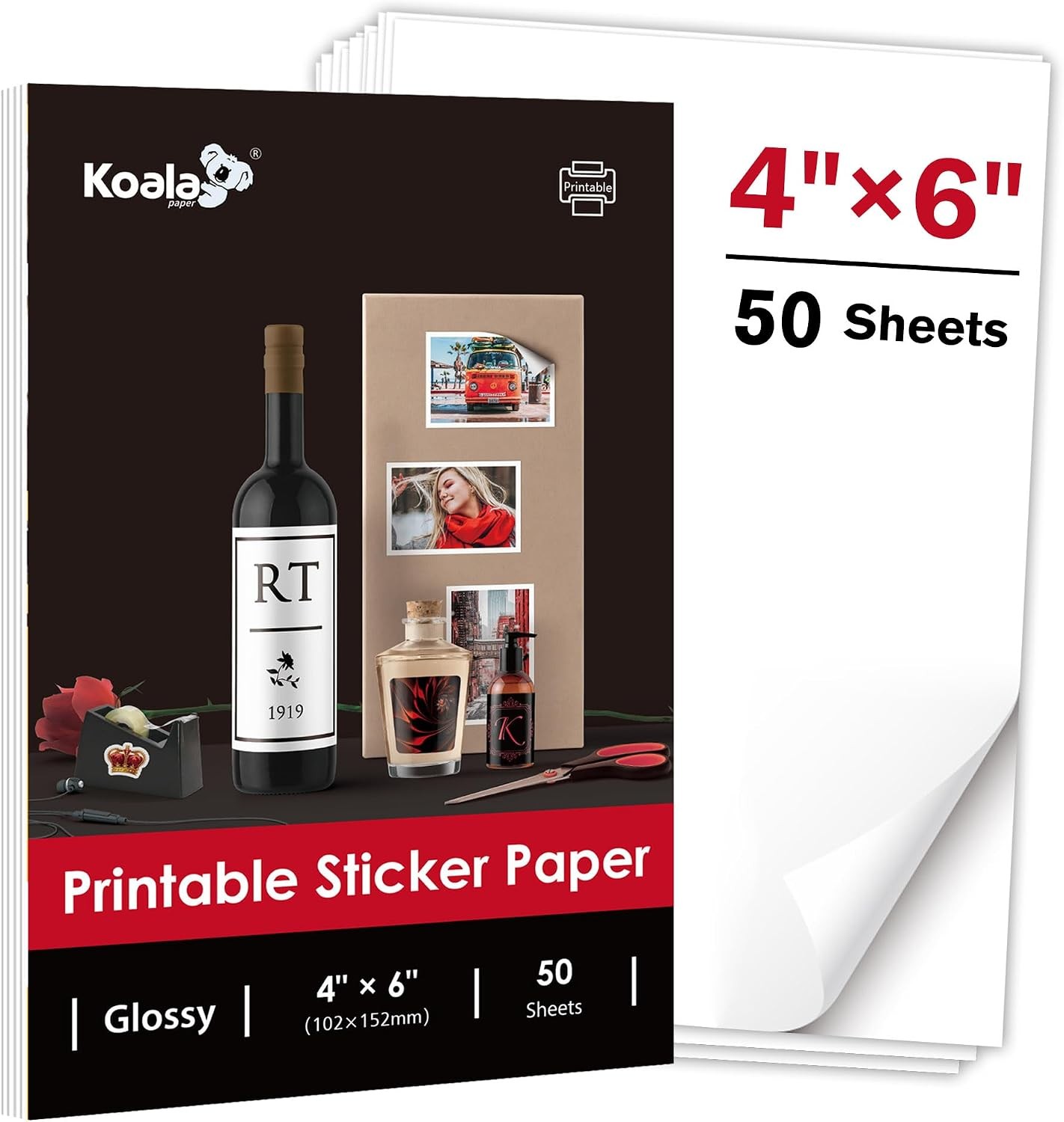 Koala Glossy Sticker Paper for Inkjet & Laser Printer, 4x6 Inch Full Sheet