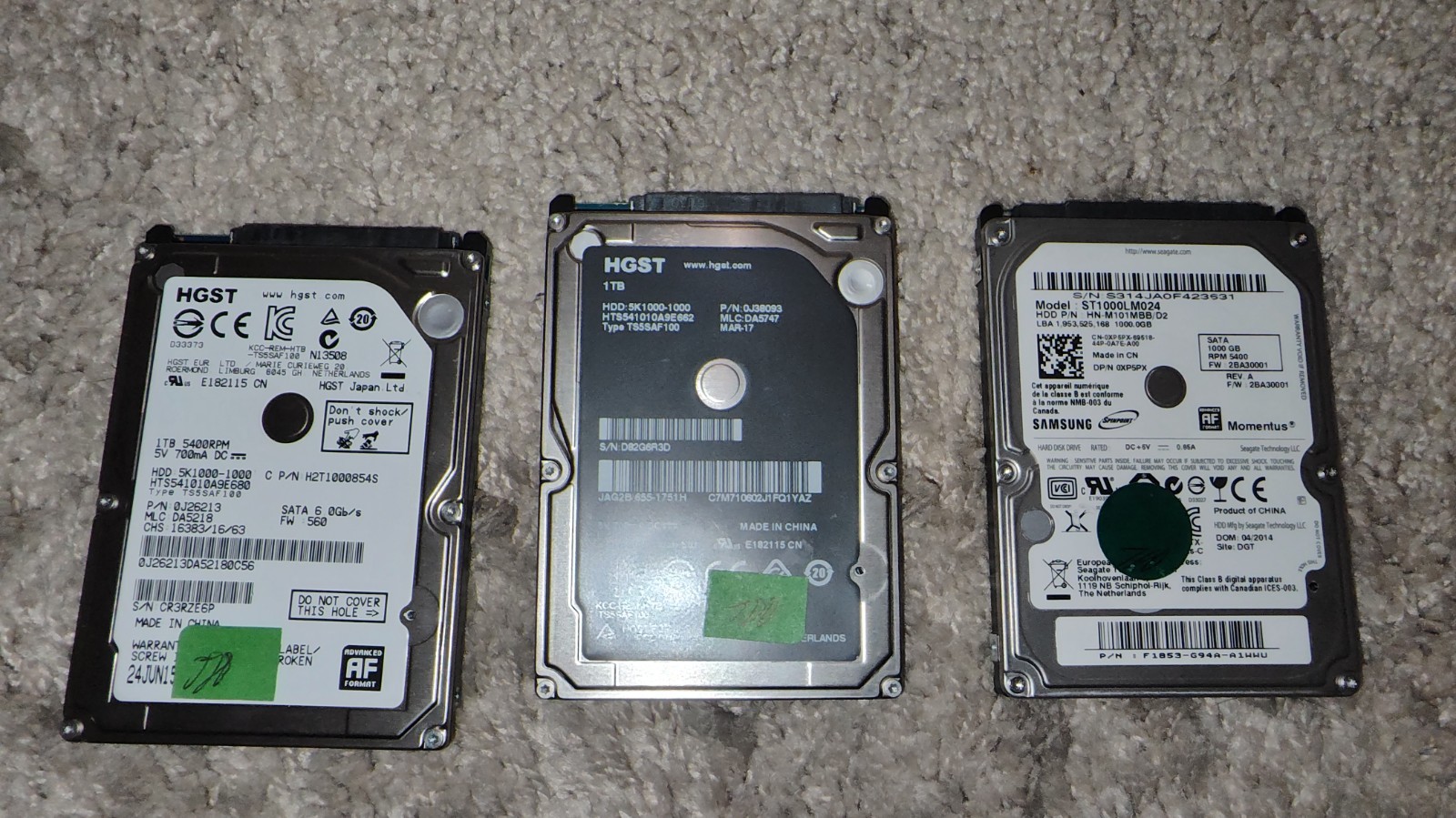 SATA HDD Hard Drive Lot Of 3 -2.5"  1TB. HGST/Samsung. Works