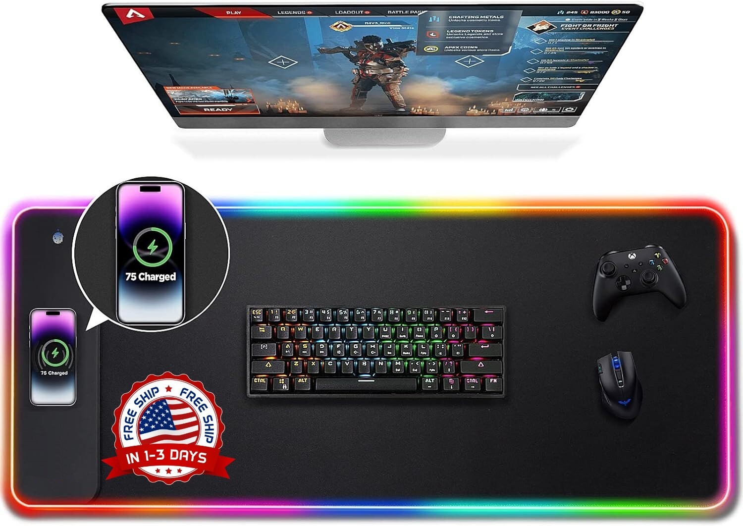 alfombrilla de ráton del juego del RGB de carga inalámbrica 15W, alfombrilla NEW