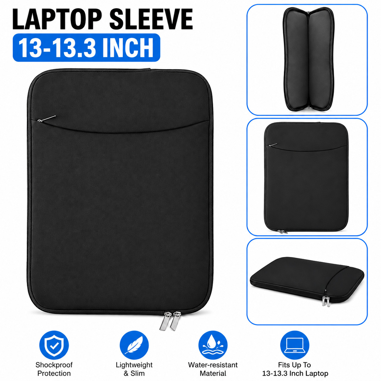 13-13.3" Laptop Sleeve Case Black Padded Protective Bag w/ Front Zipper Pocket