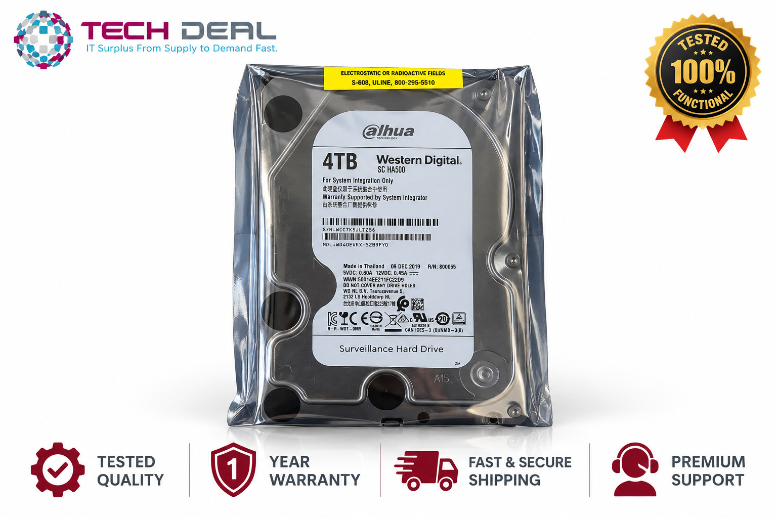 Western Digital WD40EVRX-52B9FY0 4TB 3.5" SATA HDD Open Box 1 Hour Use