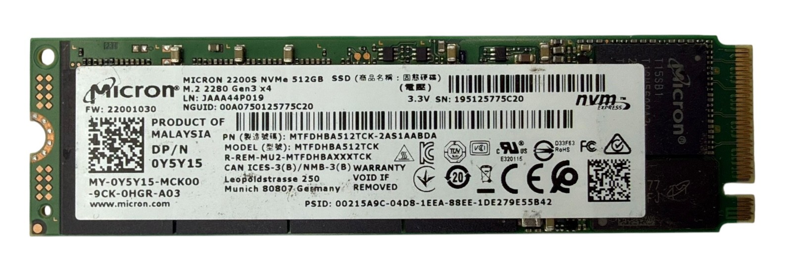 Micron 2200S 512GB NVMe SSD Solid State Drive MTFDHBA512TCK