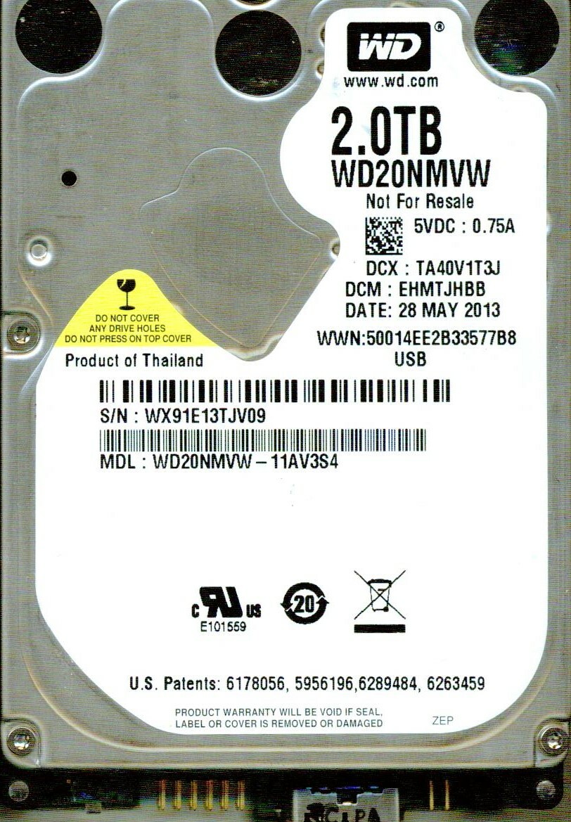 WD20NMVW-11AV3S4,  DCM: EHMTJHBB   WESTERN DIGITAL 2TB, USB 3.0  WX91 MAY 2013