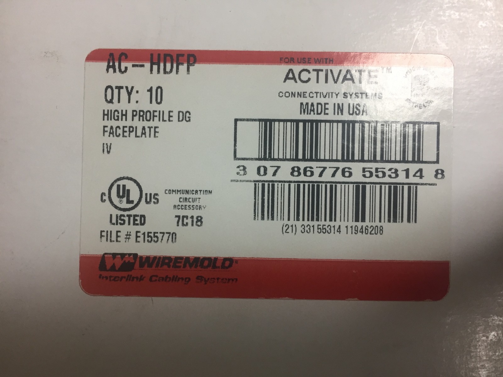 NEW Genuine Wiremold AC-HDFP  Double Gang Data Face Plate Frame 10 Units Per Box
