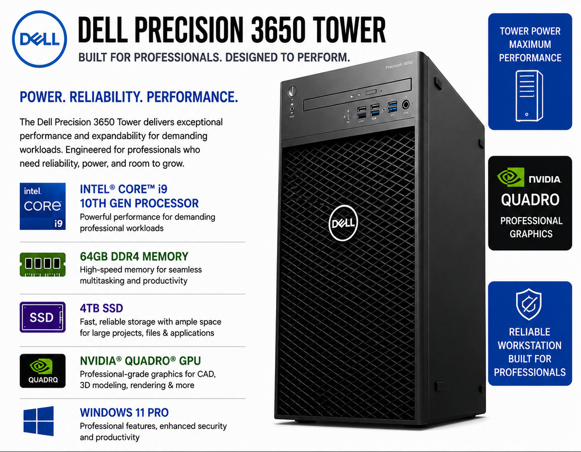 NEW Dell Precision 3650 Desktop PC Intel Core i9 64GB 4TB SSD Nvidia Quadro GPU