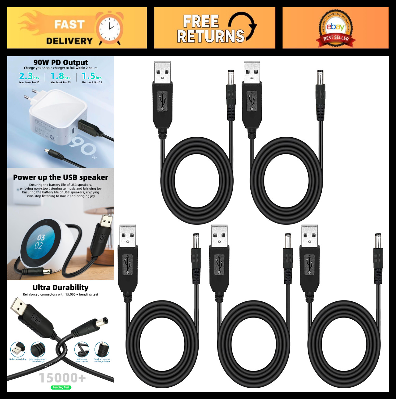 5PCS USB Power Supply Adapter Cable 5V to 9V, DC 5.5x2.1mm Step Up Converter - 0