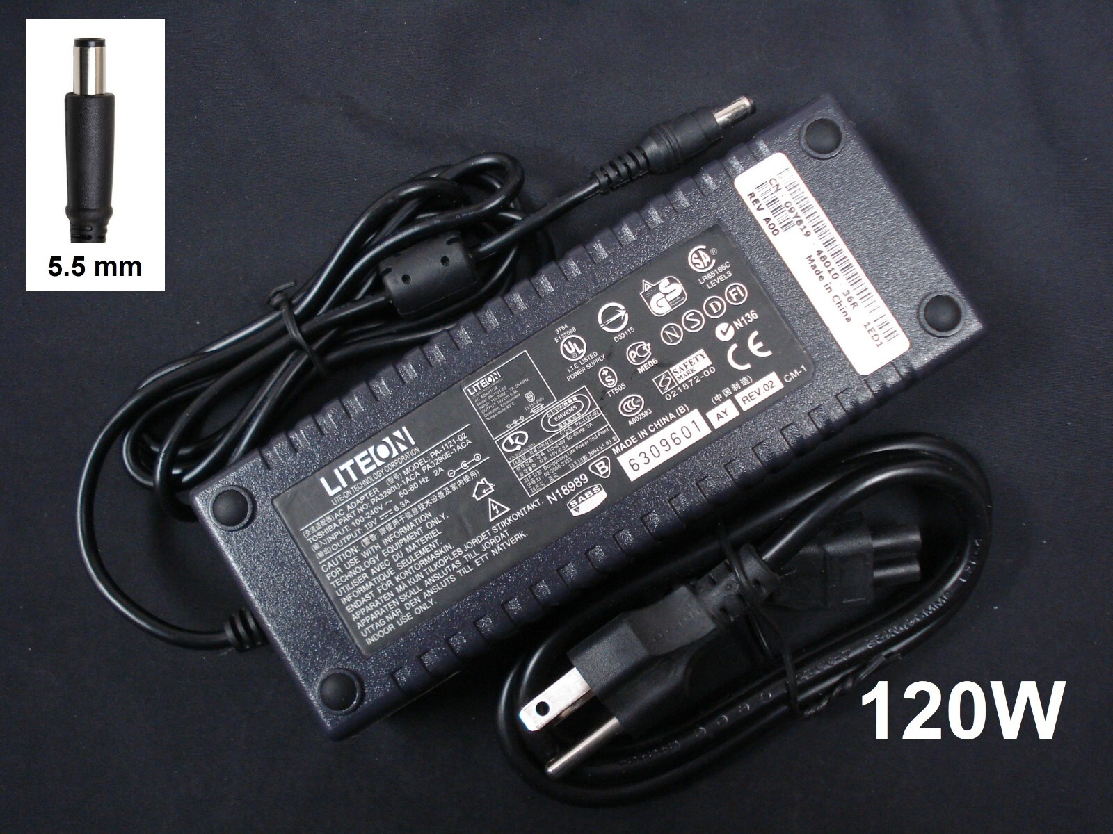 Liteon 120W 19V 6.3A Charger for Toshiba PA3290U-1ACA PA3336U-2ACA 5.5mm Tip