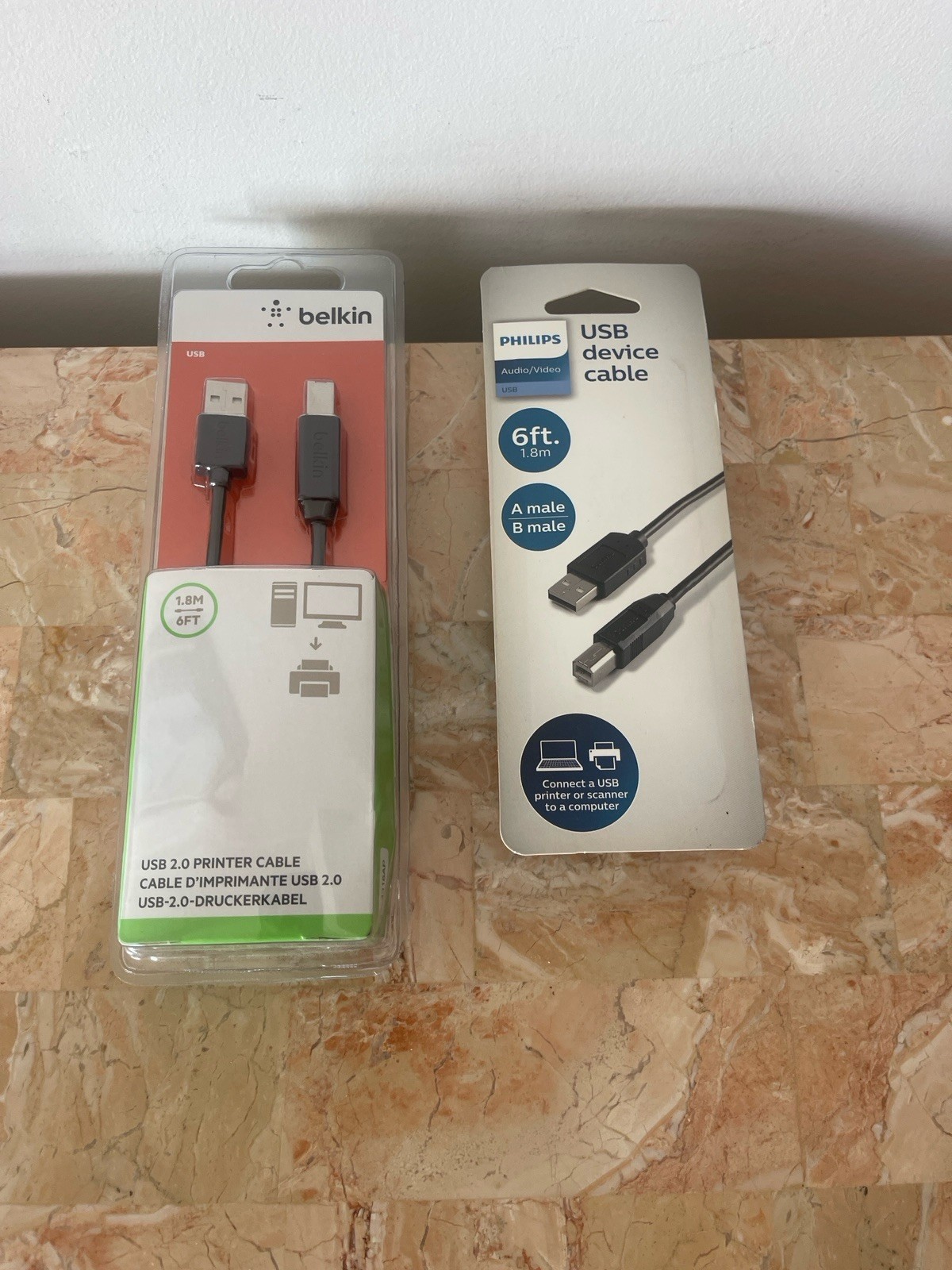 Belkin And Phillips 2 Pcs Device Cable 6' USB 2.0 Printer/Scanner, New, Sealed