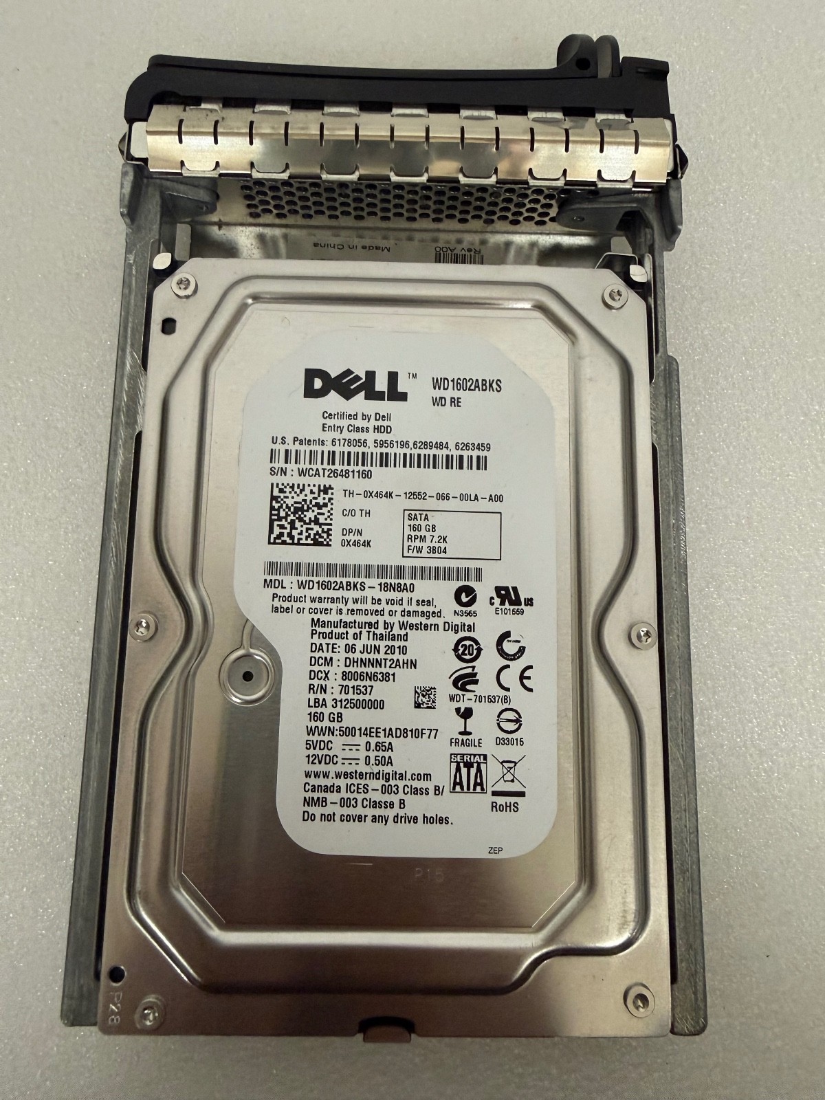 Dell 160GB 7.2K 3.5 SATA Hard Drive WD1602ABKS 0X464K with Tray Caddy