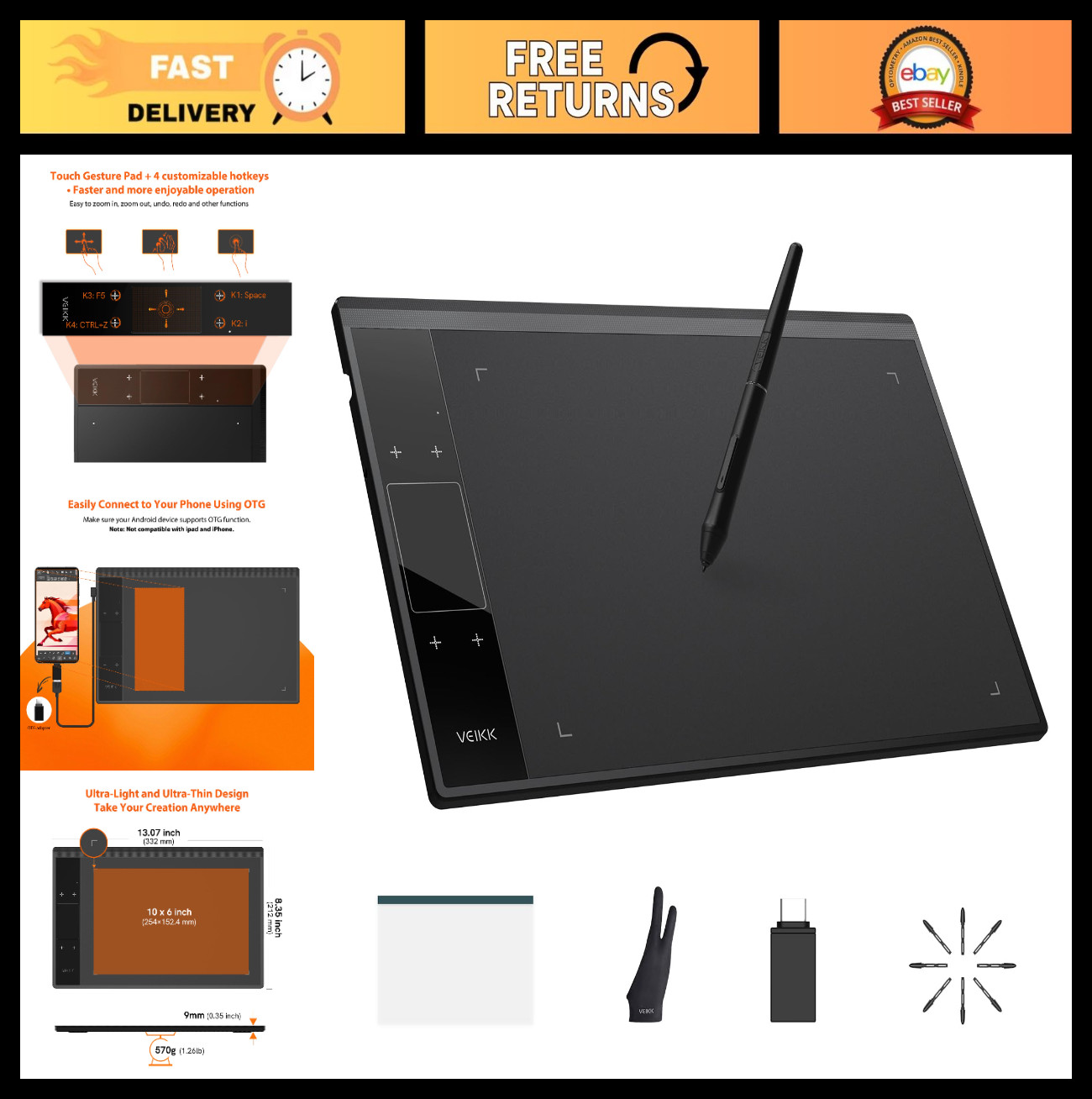 Drawing Tablet 10x6, 16384 Levels Pressure, Battery-Free Pen, Art Graphics Pad