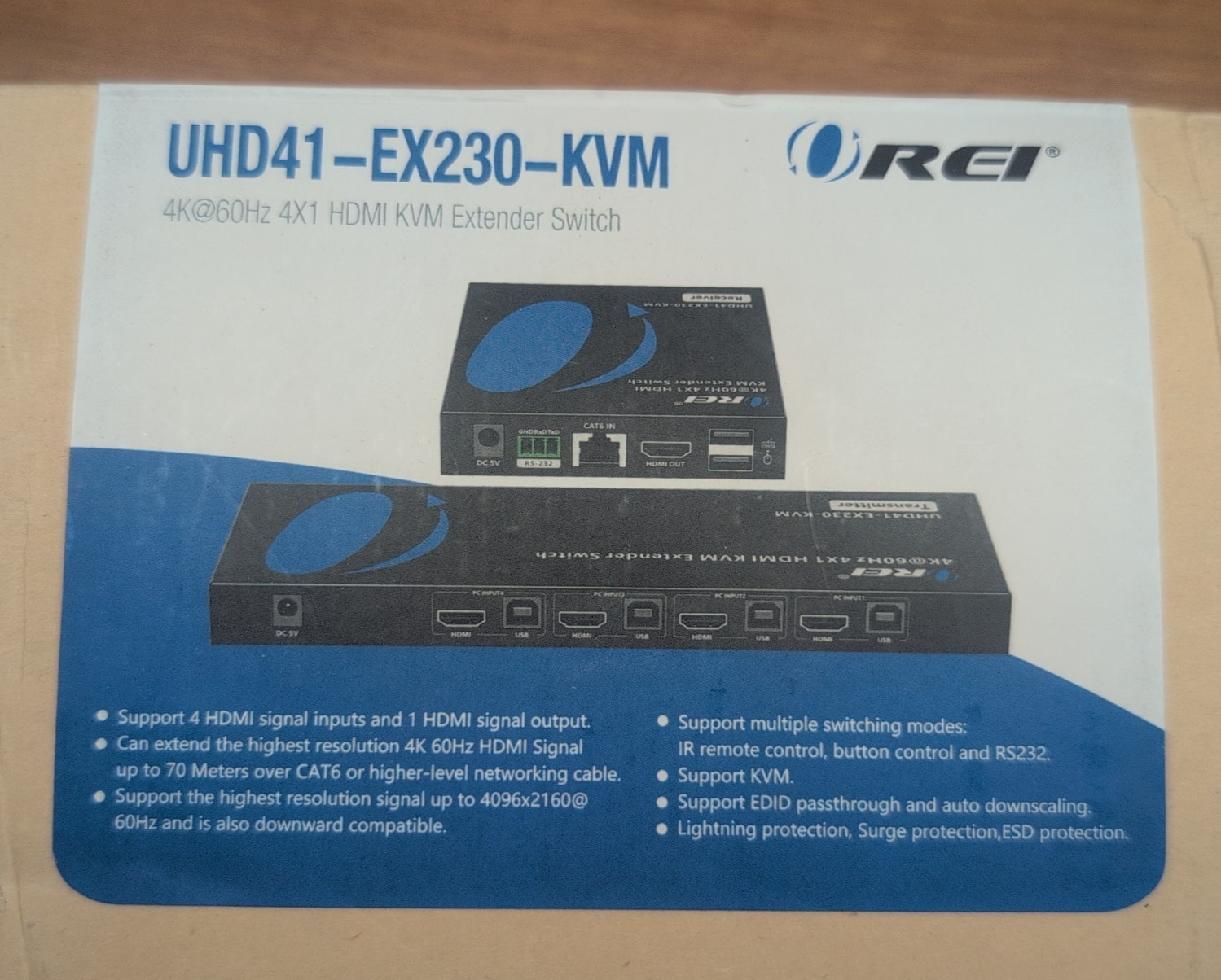 OREI 4K@60Hz 4X1 HDMI KVM Over CAT6/7 Upto 230 Ft (UHD41-EX230-KVM)