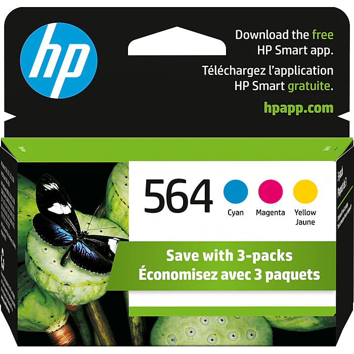 HP 564 Cyan/Magenta/Yellow Standard Yield Ink Cartridge, 3/Pack (N9H57FN#140)