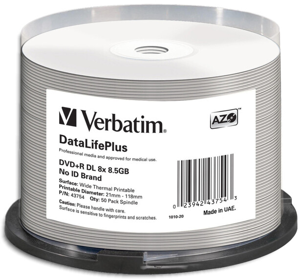 50-Pak VERBATIM 8X White THERMAL Hub 8.5GB DOUBLE LAYER 2P DL DVD+R's, #43754