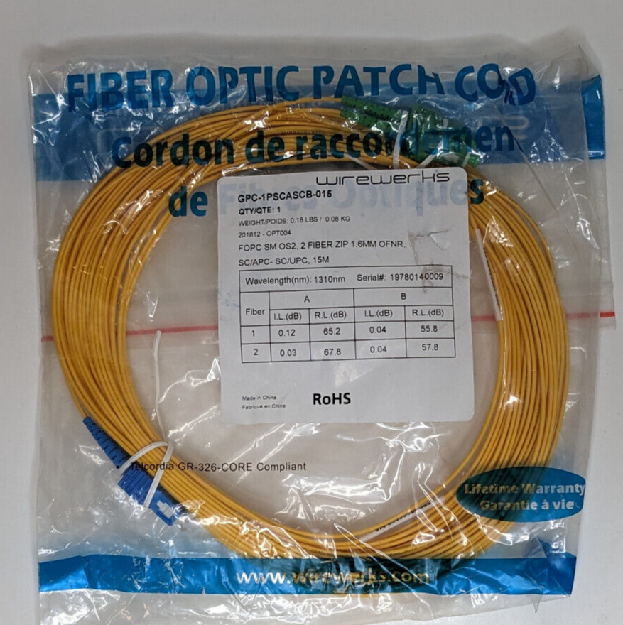 Wirewerks GPC-1PSCASCB-015 15m Fiber Optic Patch Cable SM OS2 2-Fiber Zip 1.6mm