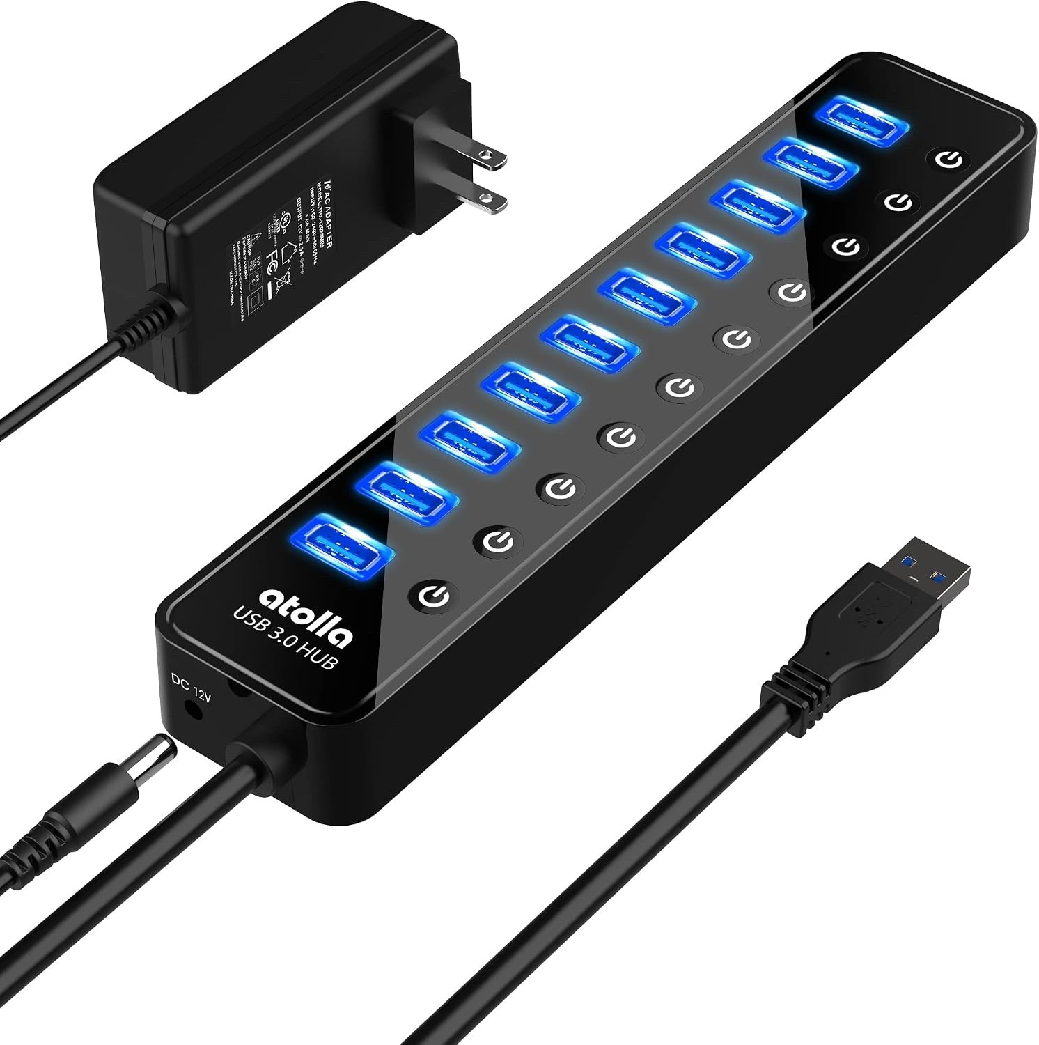 Powered USB 3.0 Hub, atolla 10 Ports USB Data Hub Splitter with Individual ON/Of