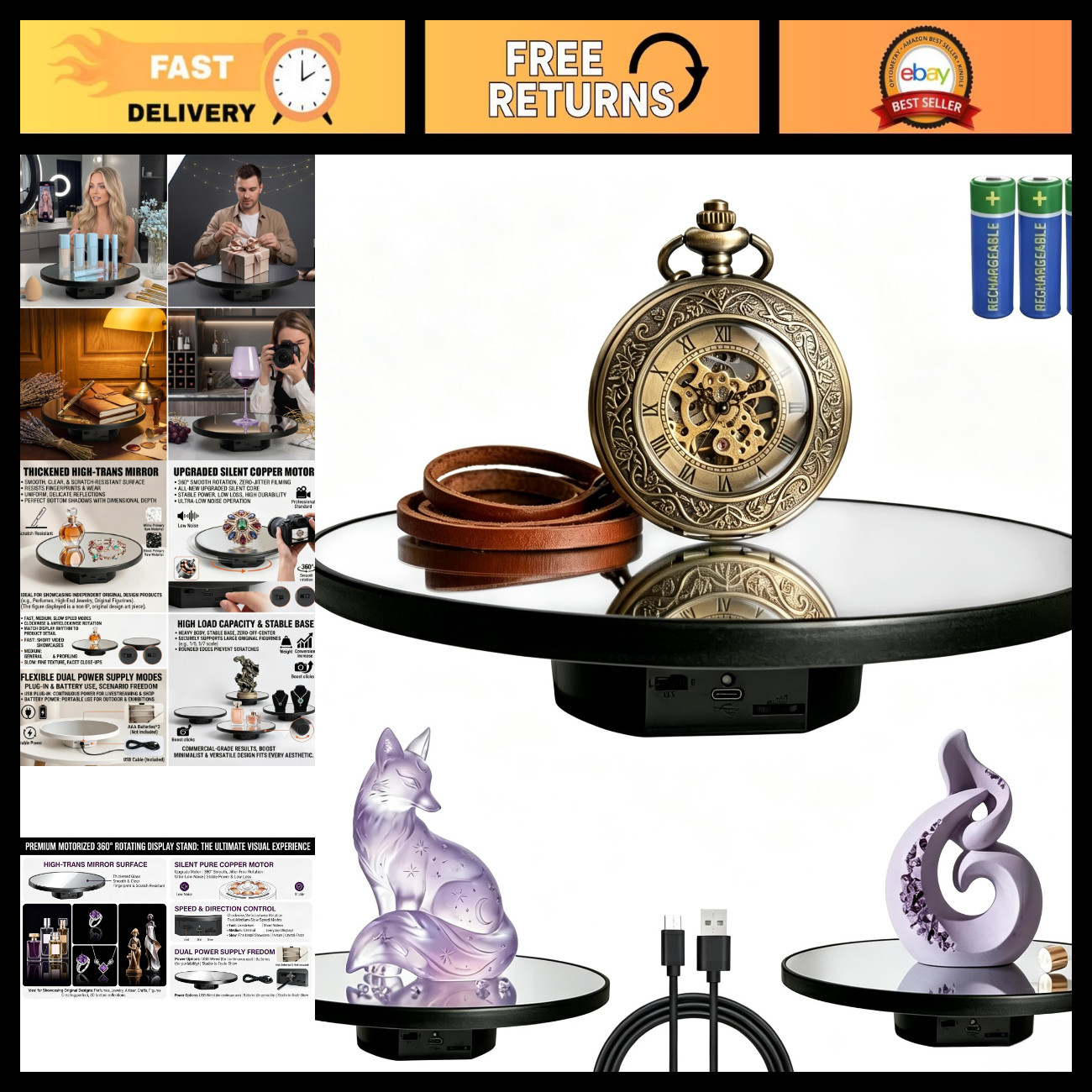Motorized 360° Rotating Display Stand, 10" Turntable for Jewelry & Tumbler, Blac