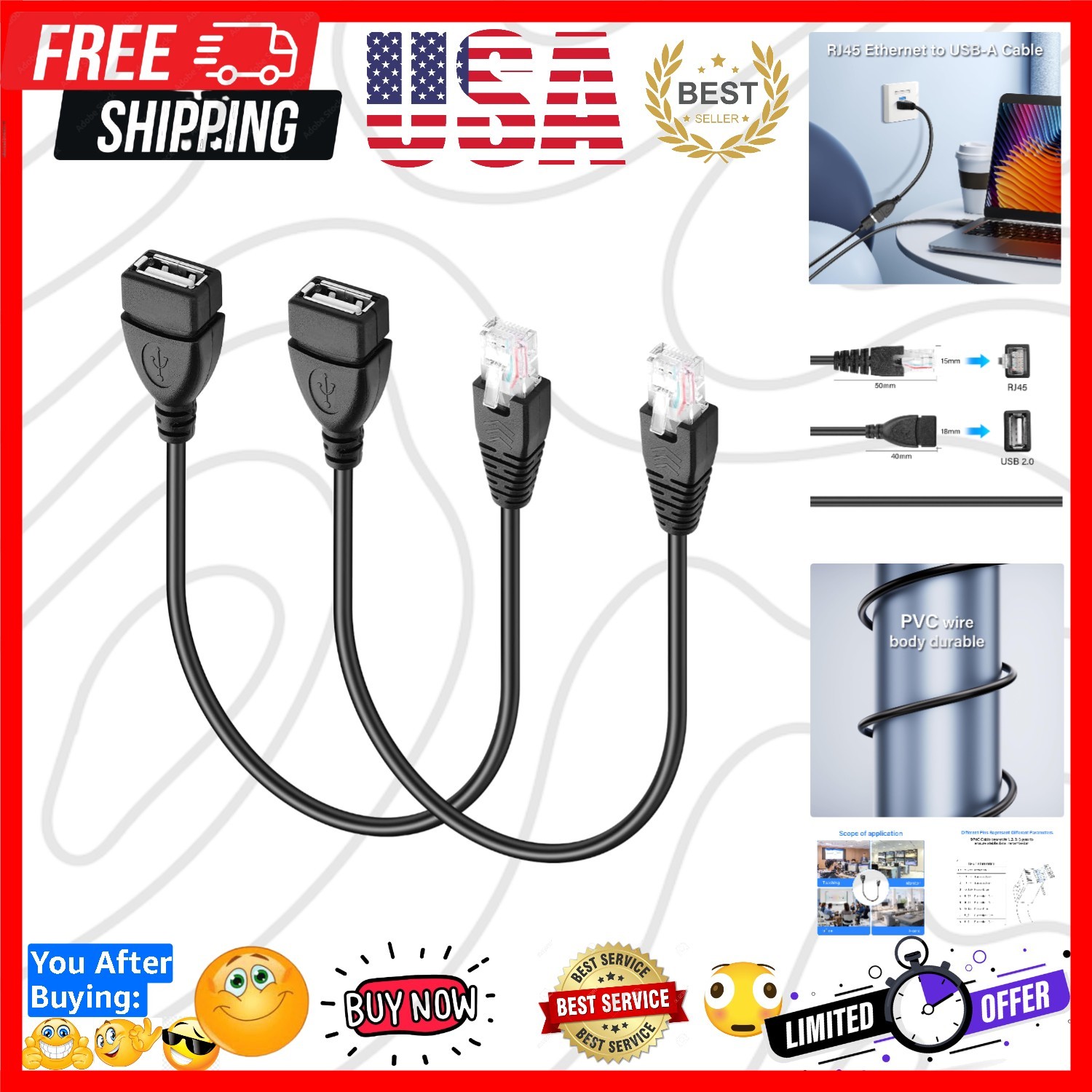USB to RJ45 Ethernet Cable 2 Pcs USB Female to RJ45 8P4C Ethernet Male Extens...