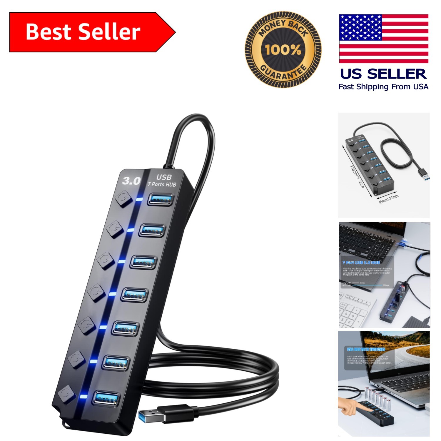 Versatile 7-Port USB Hub with Fast 5Gbps Speeds and Long Cable for Any Device