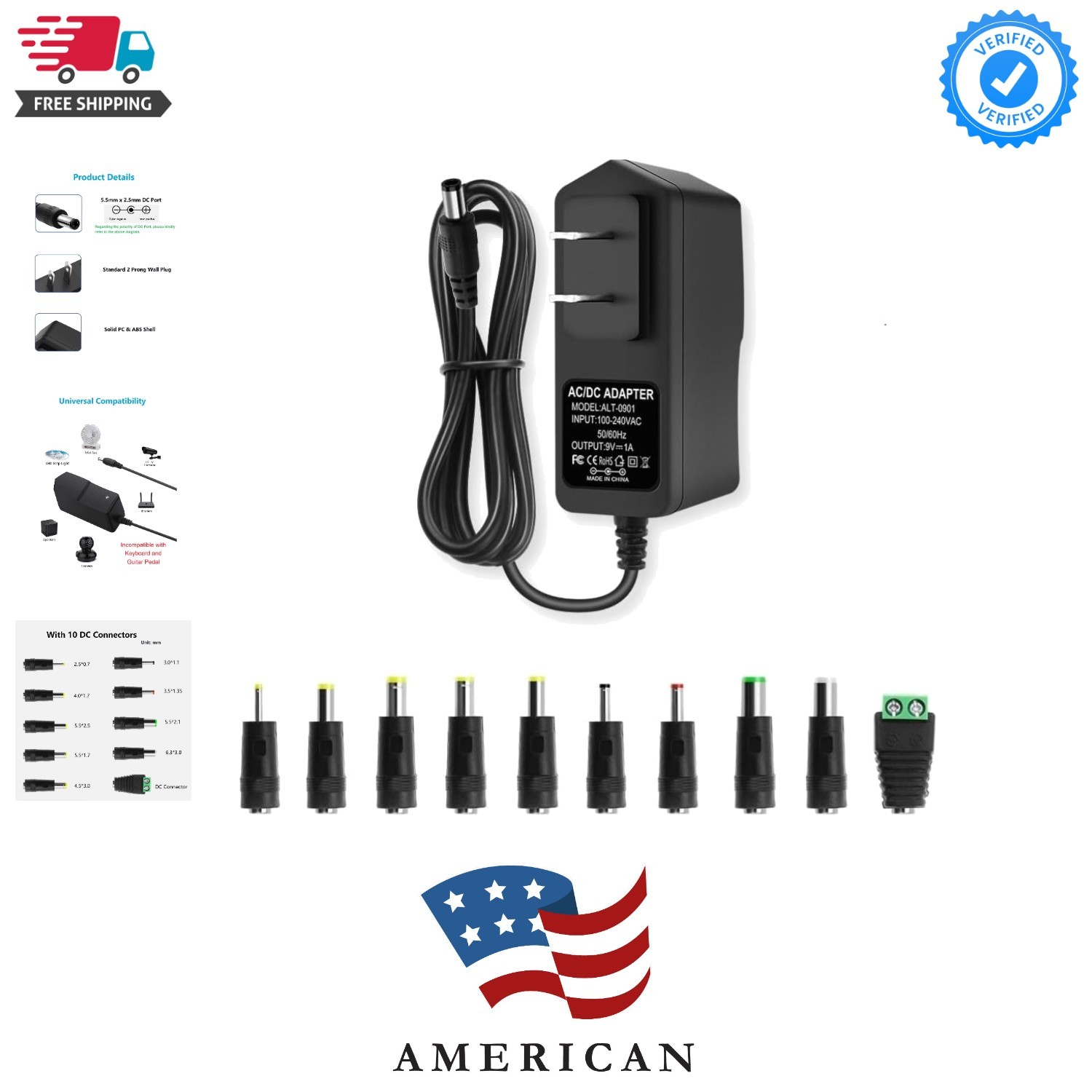 9V DC Power Supply 1A Universal AC Adapter, 100-240V 50/60Hz to 9 Volts black