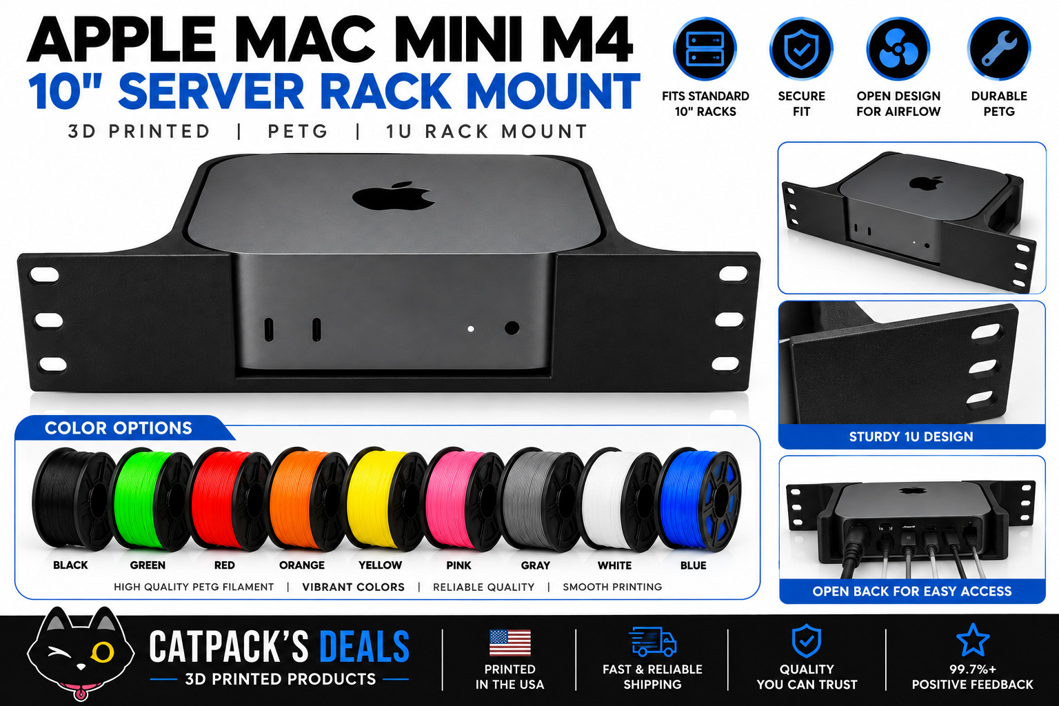 10-inch 1U 10" Server Rack Mount for Mac mini M4 Homelab 3d Print Petg