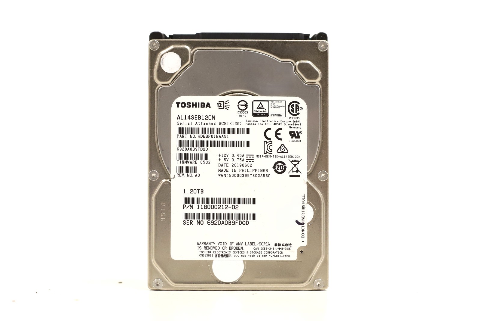 Toshiba AL14SEB120N 1.2TB 2.5" 12Gb/s 128MB 10K RPM SAS Drive P/N: 118000212-02