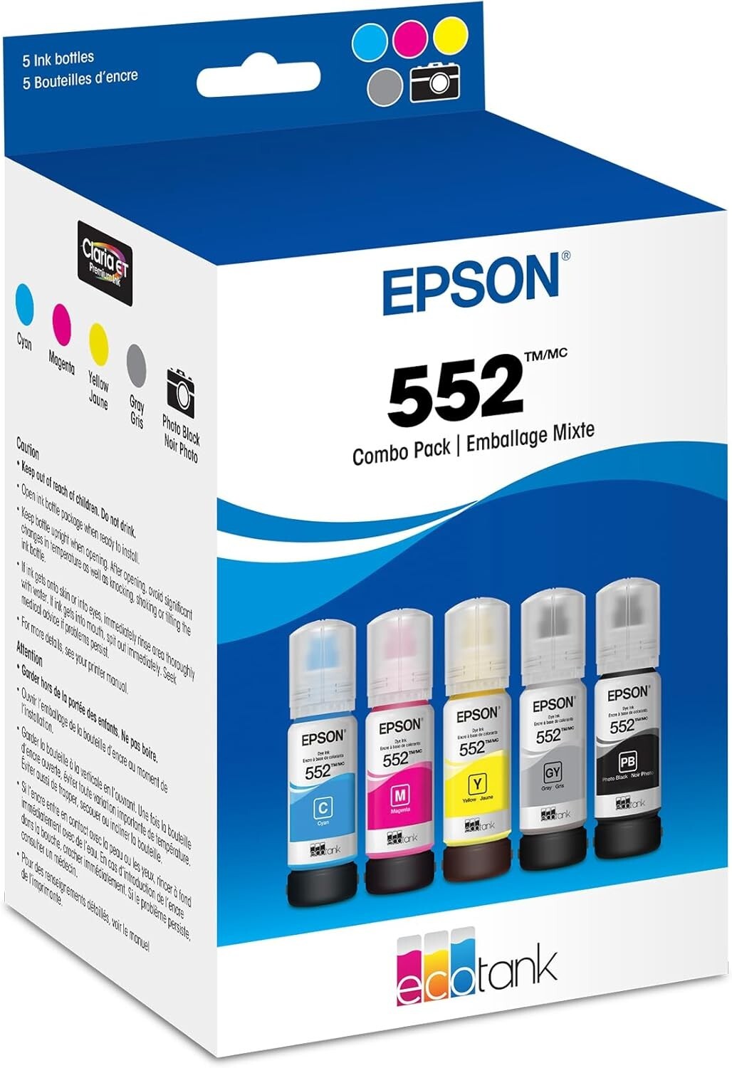 EPSON 552 EcoTank Ink Ultra-high Capacity Bottle 5 Color Combo Pack BK/C/M/Y/GR