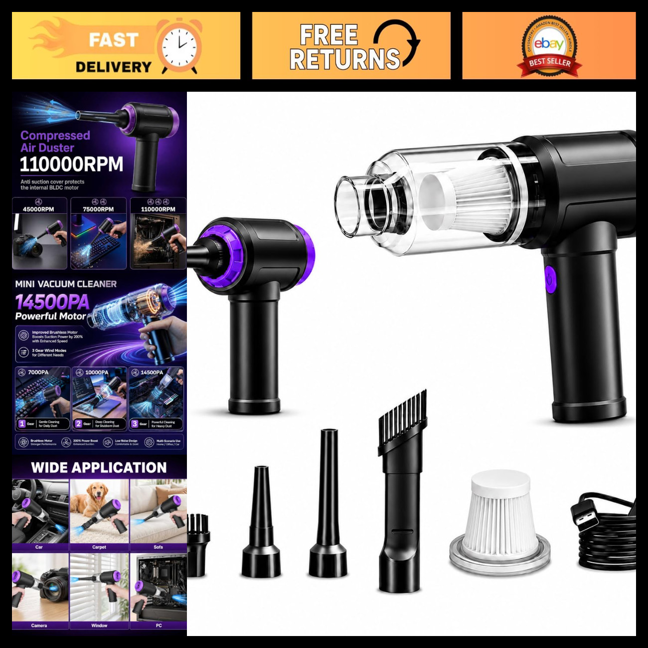 3-in-1 Keyboard Vacuum Cleaner & Air Duster - 14.5KPA, 110000RPM, USB Dust Remov