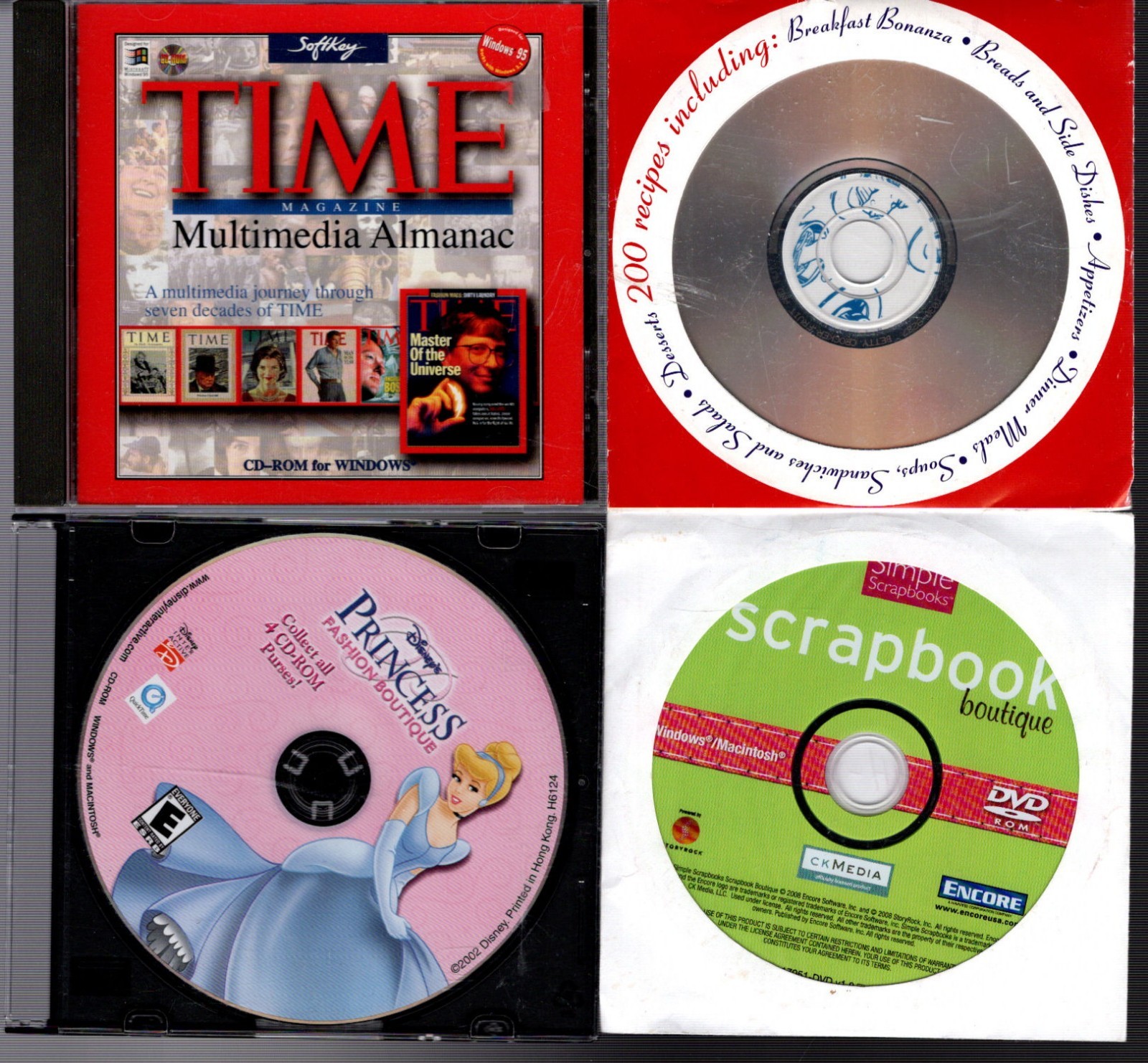 4 CD Rom Programs TIME ALMANAC, DISNEY PRINCESS, RECIPES, SCRAPBOOK