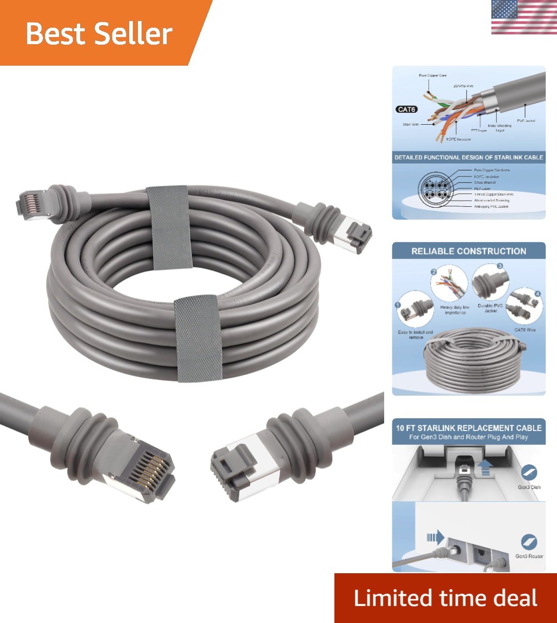 Durable 10FT Starlink Gen 3 Ethernet Cable - Fast, Waterproof Pure Copper Design